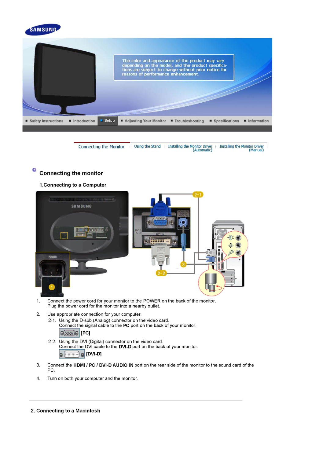 Samsung 2032MW, 932MW manual Connecting the monitor 