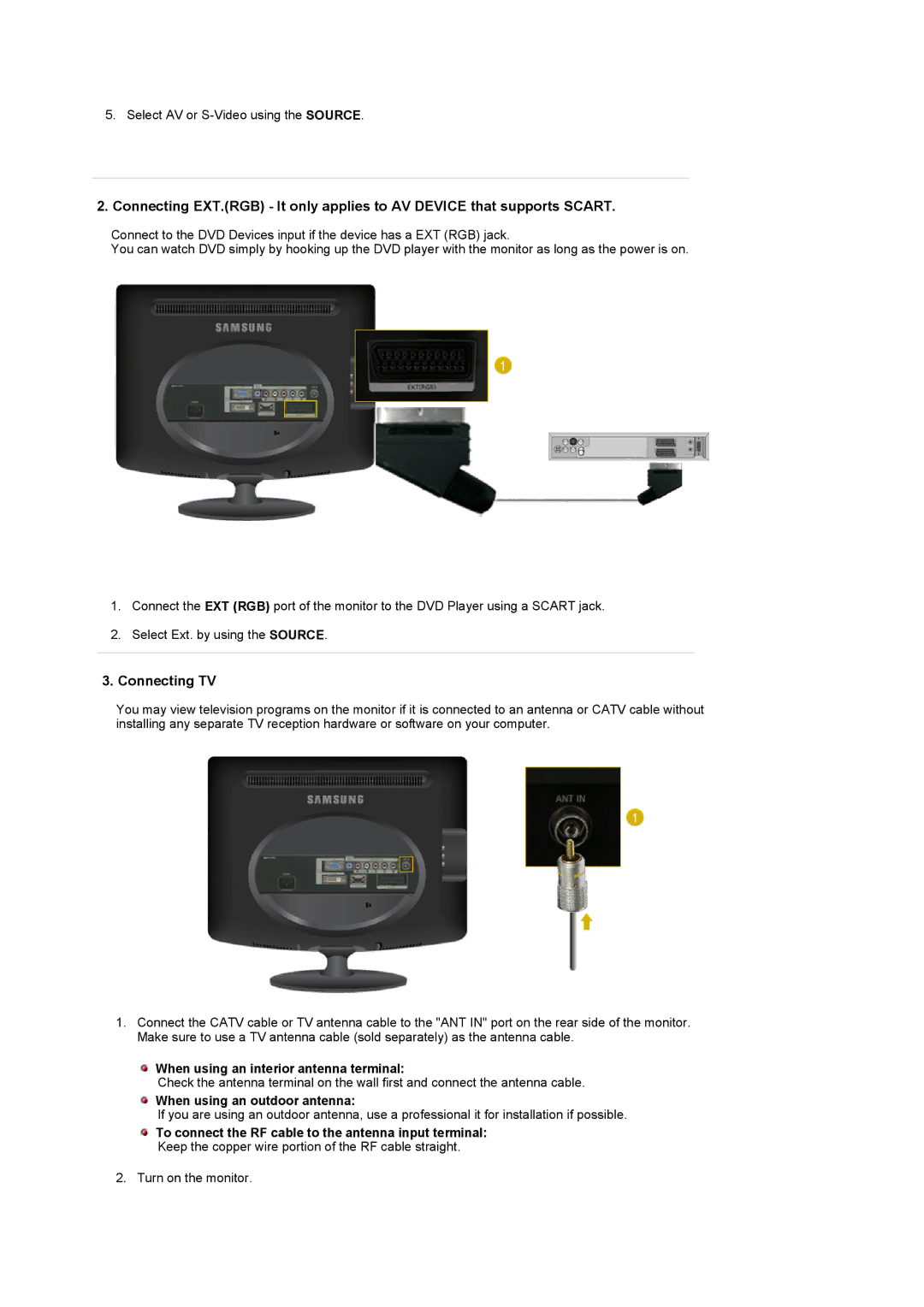 Samsung 2032MW, 932MW manual When using an interior antenna terminal, When using an outdoor antenna 