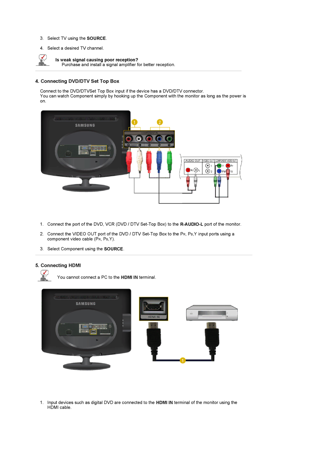 Samsung 932MW, 2032MW manual Connecting DVD/DTV Set Top Box, Is weak signal causing poor reception? 