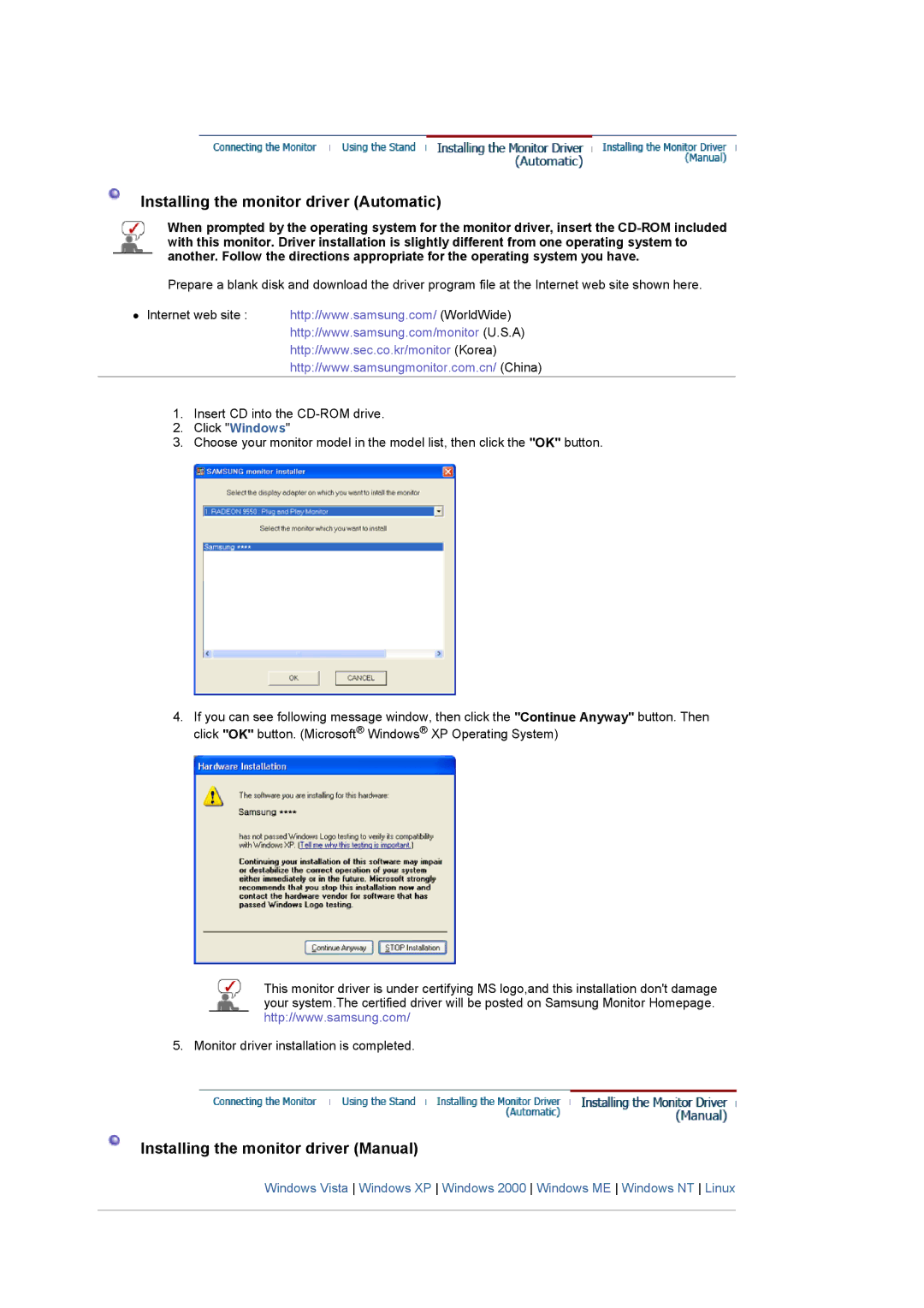 Samsung 932MW, 2032MW manual Installing the monitor driver Automatic 