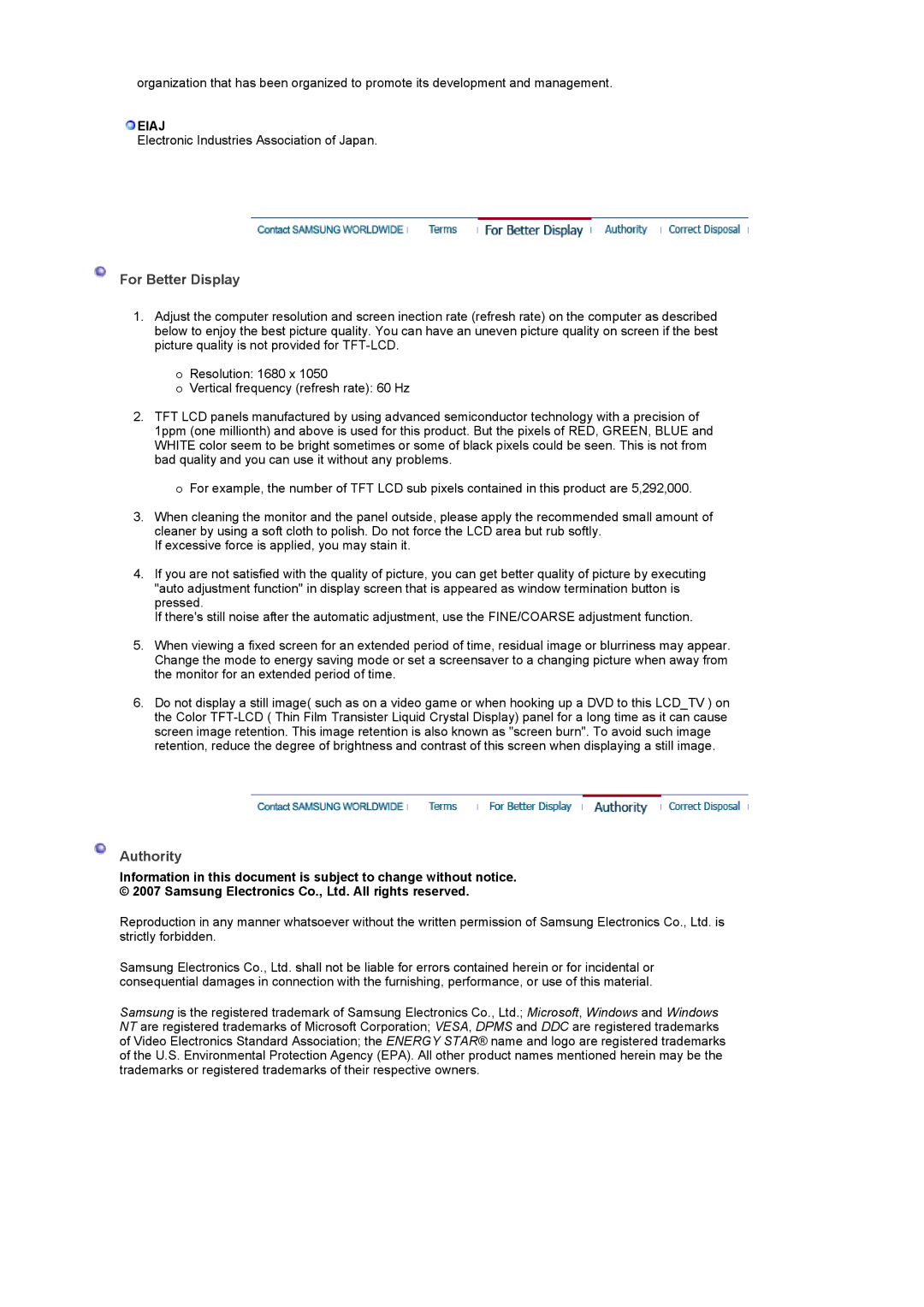 Samsung 2032MW, 932MW manual For Better Display, Authority, Eiaj 