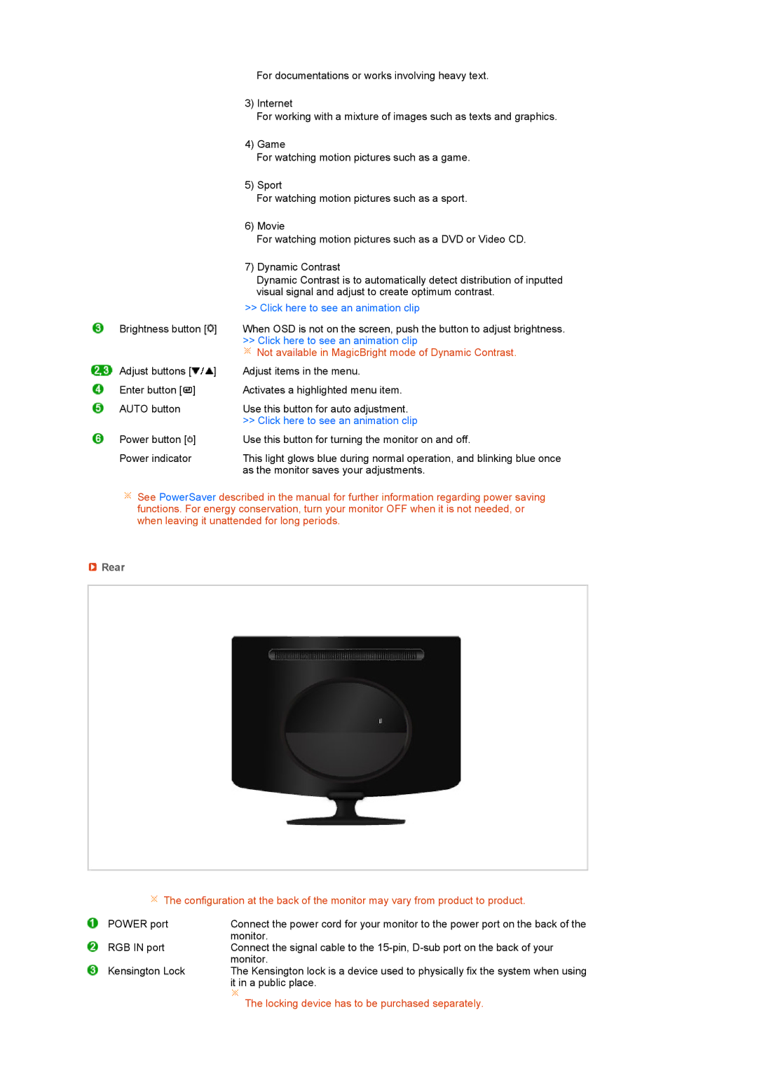 Samsung 932NW manual Not available in MagicBright mode of Dynamic Contrast, Rear 