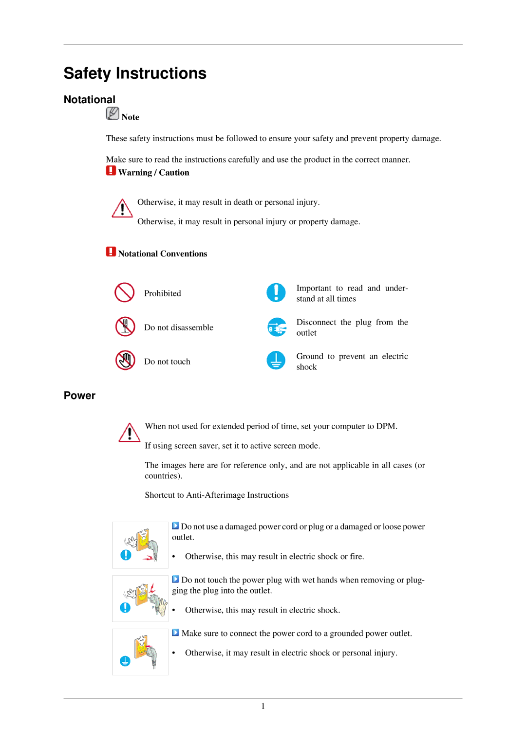 Samsung 933BW, 933GW user manual Safety Instructions, Power, Notational Conventions 