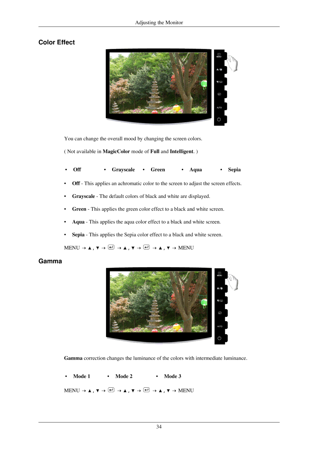 Samsung 933GW, 933BW user manual Color Effect, Gamma, Off Grayscale Green Aqua Sepia, Mode 