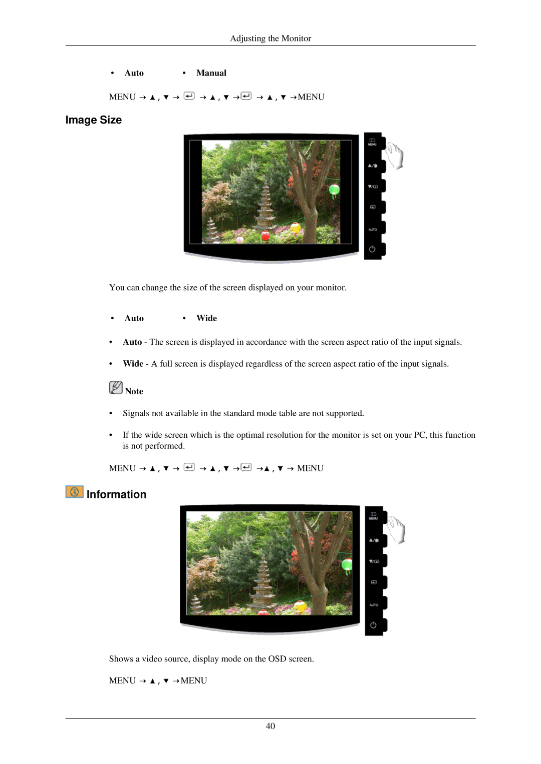 Samsung 933GW, 933BW user manual Image Size, Information, Auto Manual, Auto Wide 