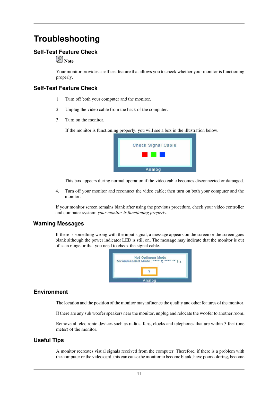 Samsung 933BW, 933GW user manual Troubleshooting, Self-Test Feature Check, Environment, Useful Tips 