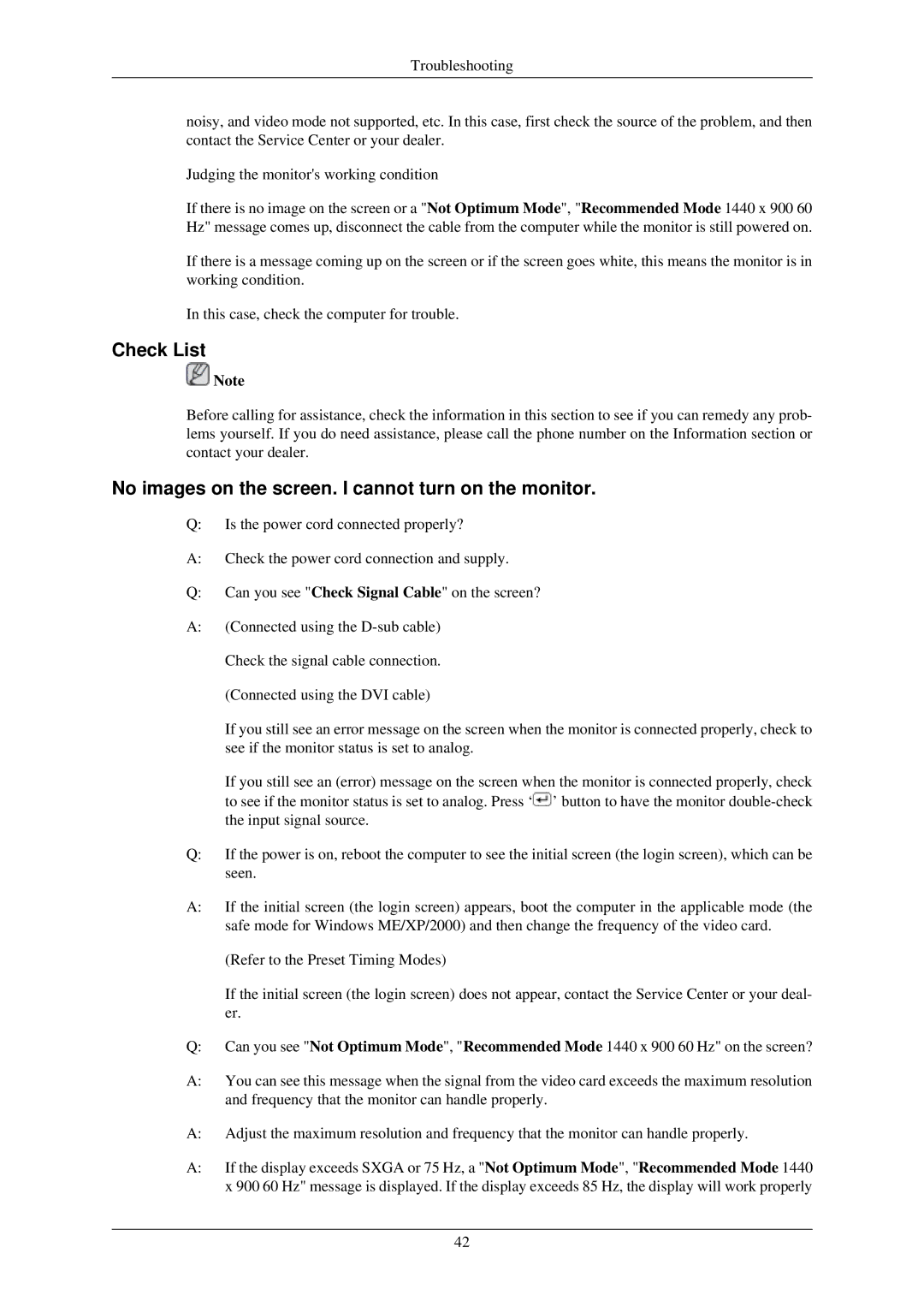 Samsung 933GW, 933BW user manual Check List, No images on the screen. I cannot turn on the monitor 