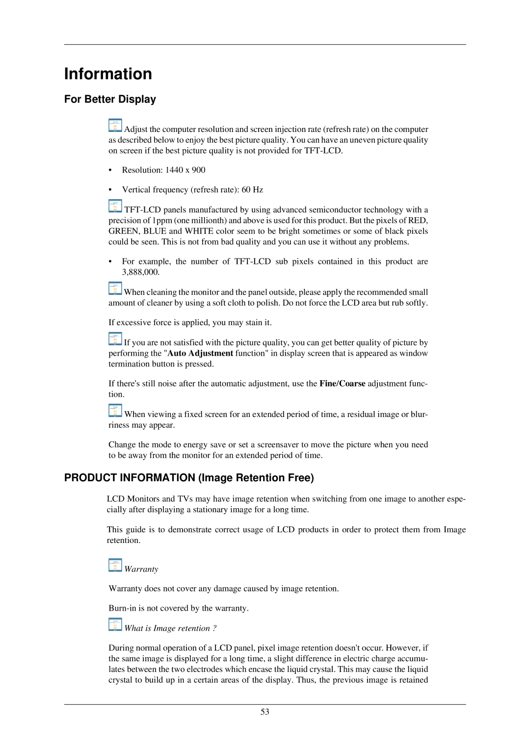 Samsung 933BW, 933GW user manual For Better Display, Product Information Image Retention Free 