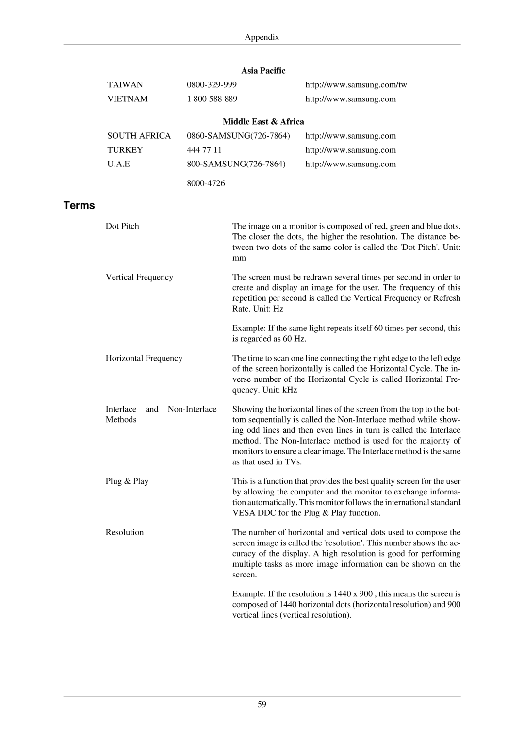 Samsung 933BW, 933GW user manual Terms, Middle East & Africa 