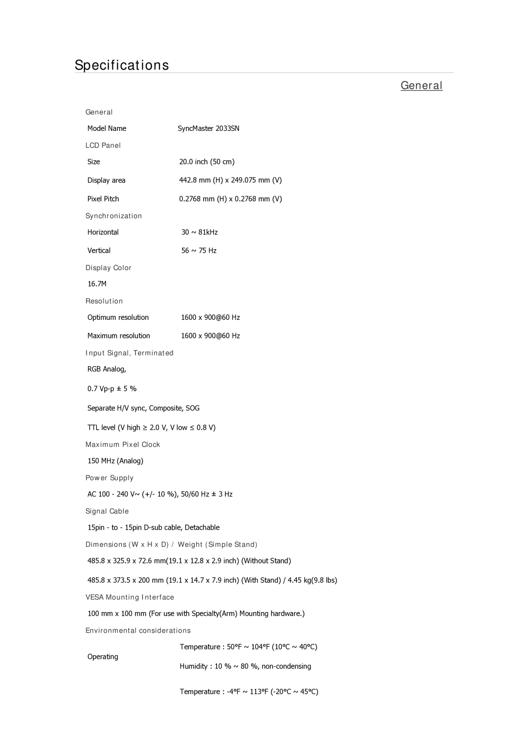 Samsung 2333SW, 933GWPLUS, 933NWPLUS, 933SN Plus, 933BWPLUS, 733NPLUS, 733NW, 733APLUS Model Name SyncMaster 2033SN 