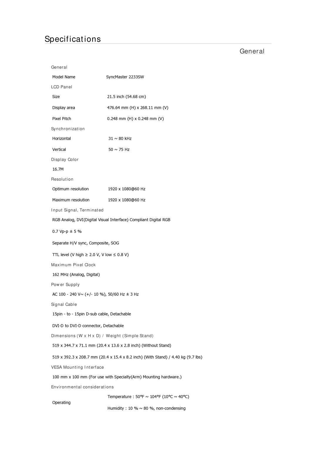 Samsung 633NW, 933GWPLUS, 933NWPLUS, 933SN Plus, 933BWPLUS, 733NPLUS, 733NW, 733APLUS Model Name SyncMaster 2233SW 