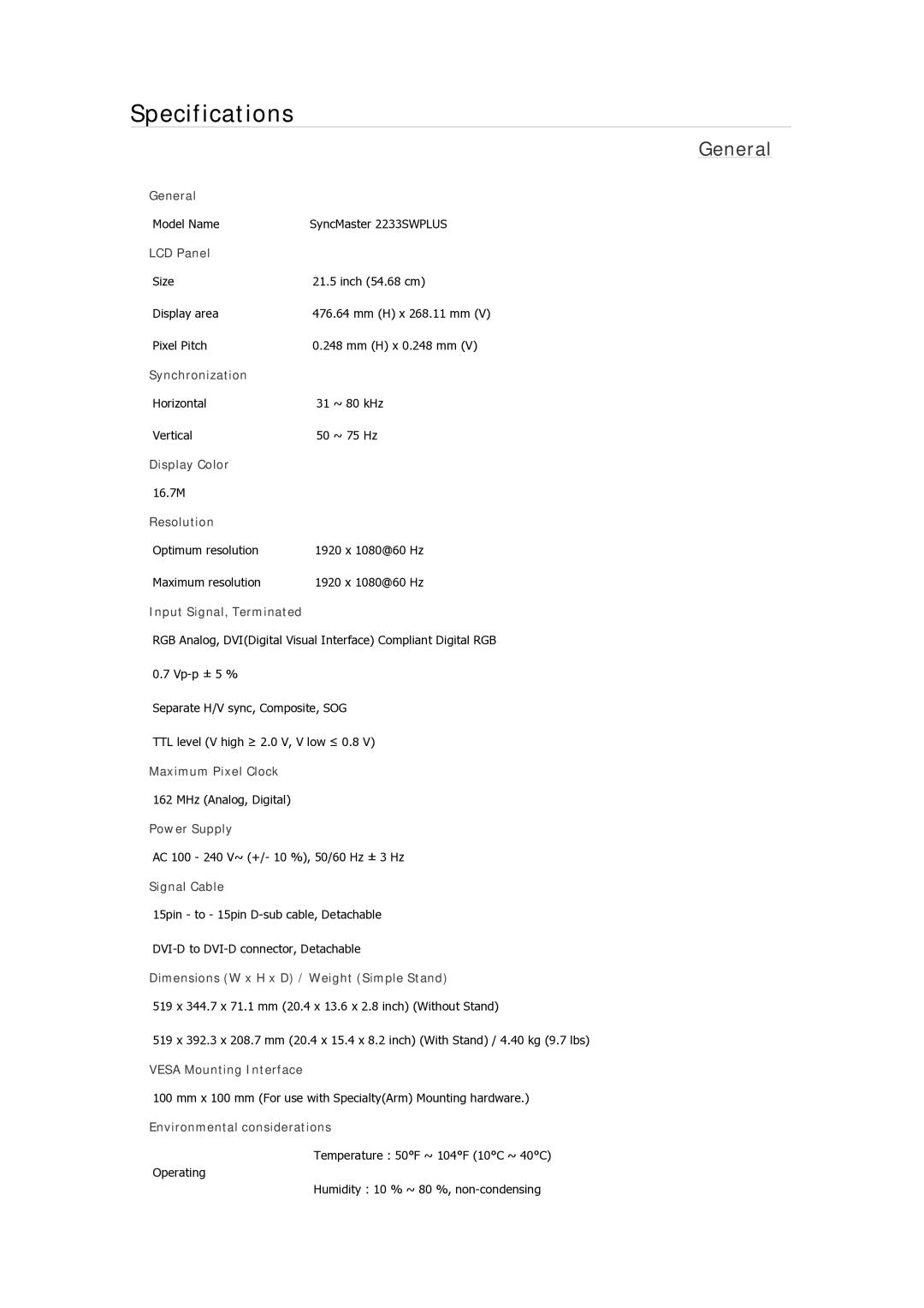 Samsung 933NWPLUS, 933GWPLUS, 933SN Plus, 933BWPLUS, 733NPLUS, 733NW, 733APLUS, 2333SW Model Name SyncMaster 2233SWPLUS 