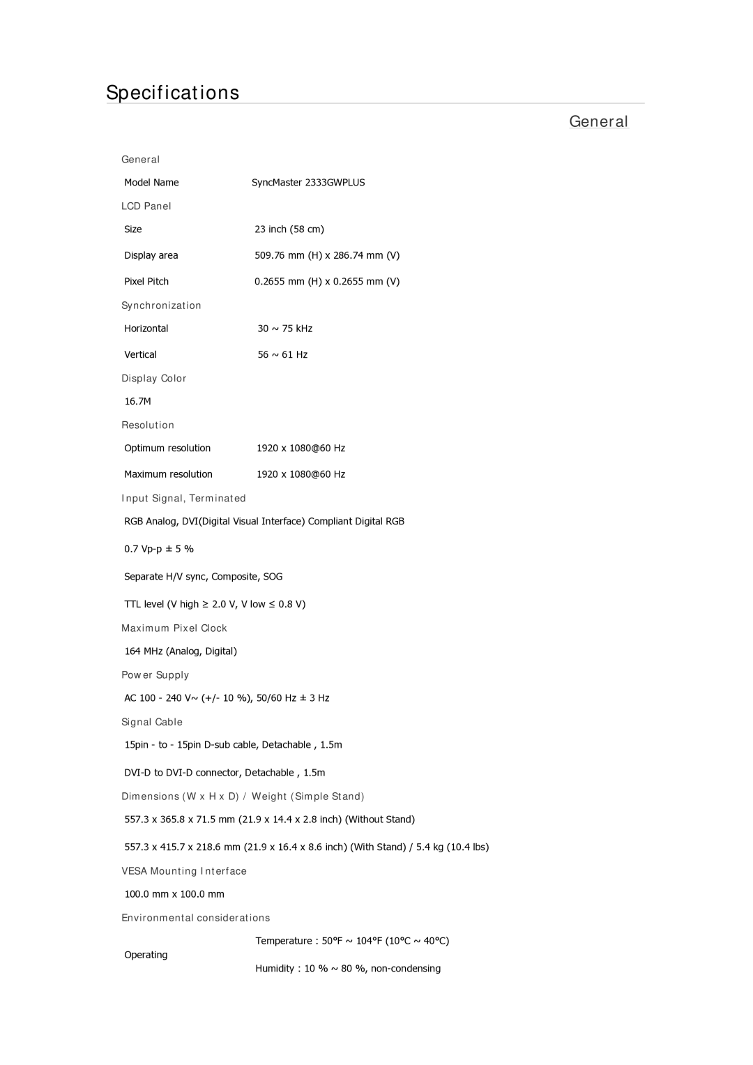 Samsung 933GWPLUS, 933NWPLUS, 933SN Plus, 933BWPLUS, 733NPLUS, 733NW, 733APLUS, 2333SW Model Name SyncMaster 2333GWPLUS 