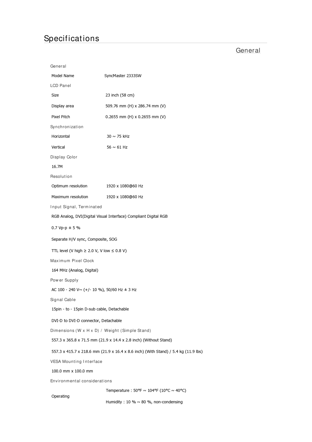 Samsung 933GWPLUS, 933NWPLUS, 933SN Plus, 933BWPLUS, 733NPLUS, 733NW, 733APLUS, 2233NW Model Name SyncMaster 2333SW 