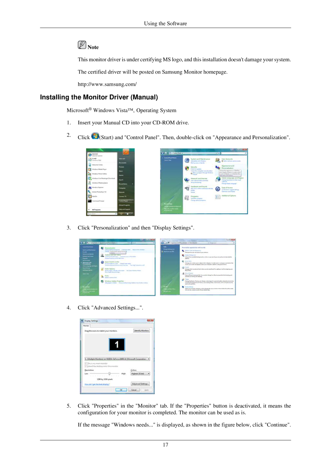 Samsung 2233NWPLUS, 933GWPLUS, 933NWPLUS, 933SN Plus, 933BWPLUS, 733NPLUS, 733A Installing the Monitor Driver Manual 