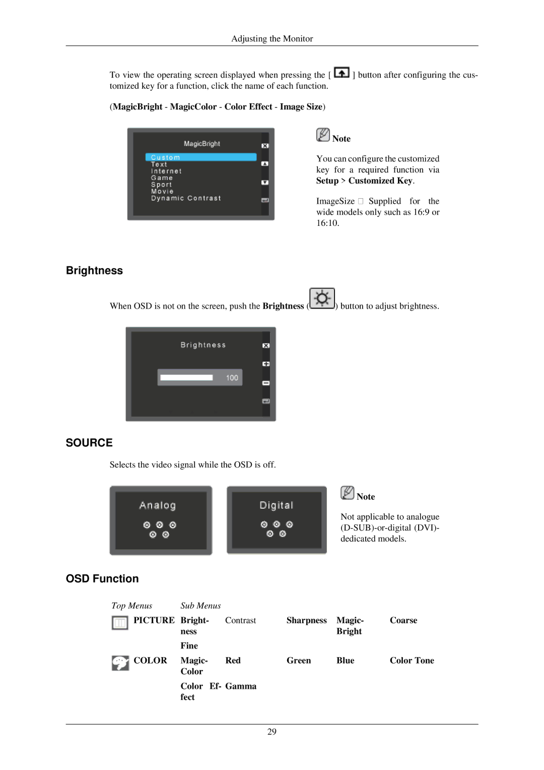 Samsung 933GWPLUS, 933NWPLUS, 933SN Plus, 933BWPLUS, 733NPLUS, 733NW, 733APLUS, 2333SW, 2233NW Brightness, OSD Function 