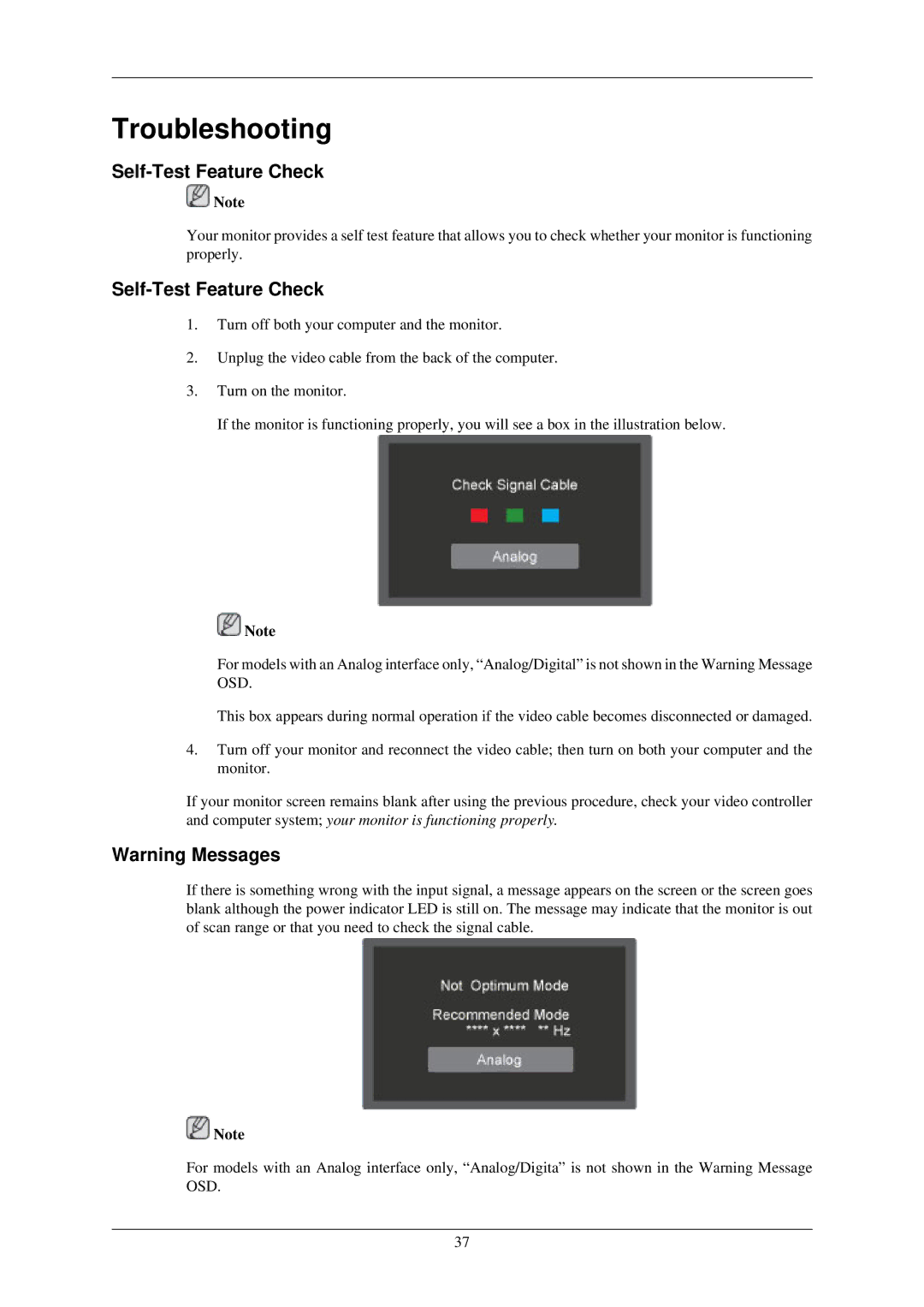 Samsung 933GWPLUS, 933NWPLUS, 933SN Plus, 933BWPLUS, 733NPLUS, 733A, 733NW Troubleshooting, Self-Test Feature Check 