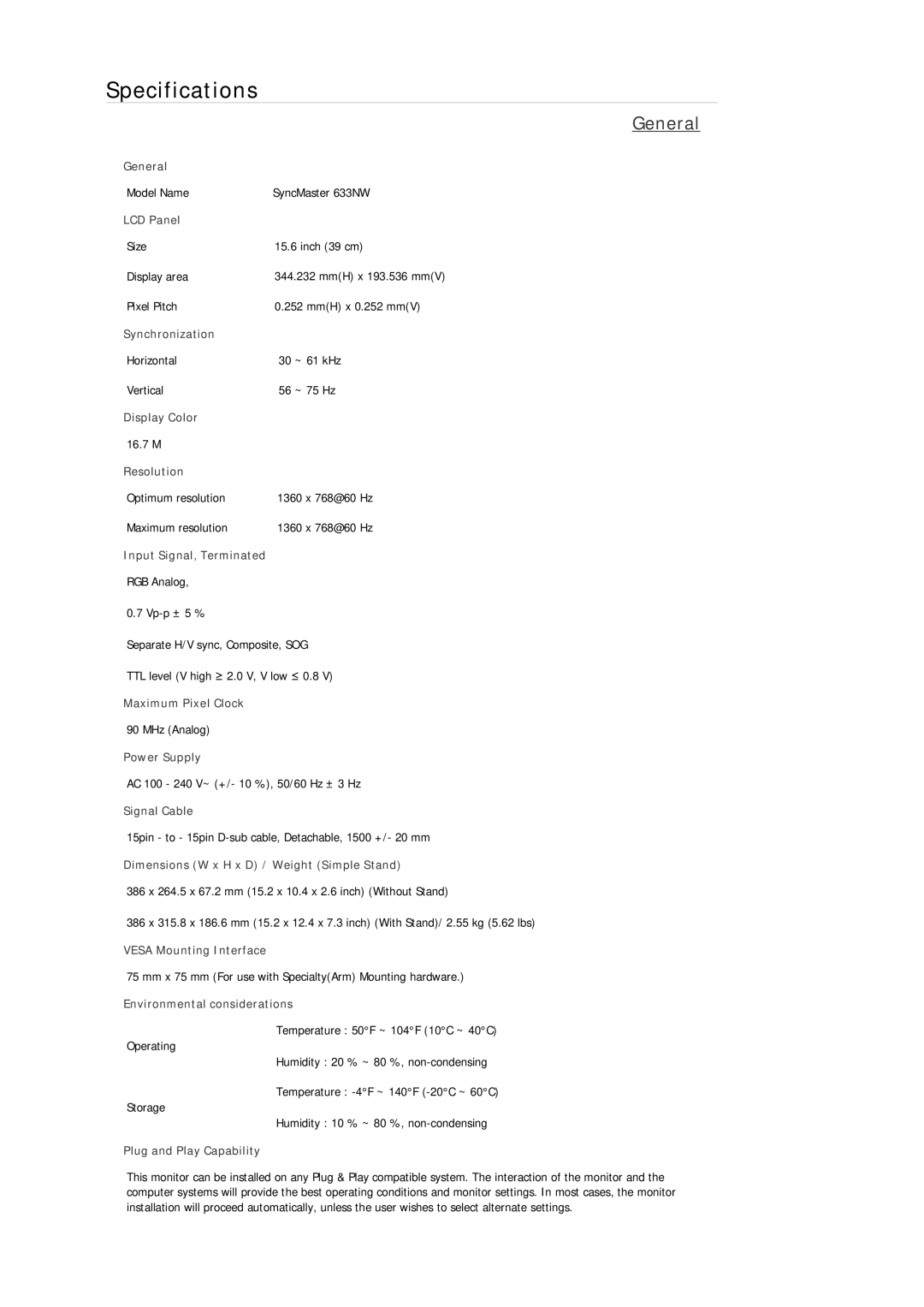 Samsung 2233BWPLUS, 933GWPLUS, 933NWPLUS, 933SN Plus, 933BWPLUS, 733NPLUS, 733NW, 733APLUS, 2333SW, 2233NW Specifications 