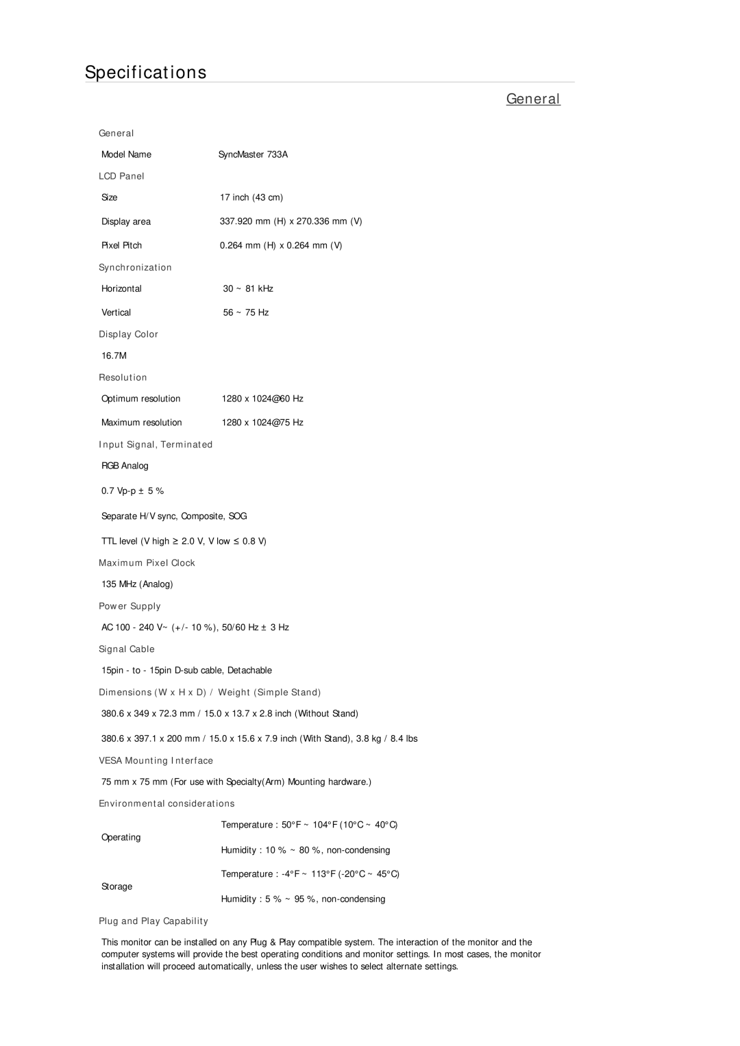 Samsung 2233SN, 933GWPLUS, 933NWPLUS, 933SN Plus, 933BWPLUS, 733NPLUS, 733NW, 733APLUS, 2333SW Model Name SyncMaster 733A 