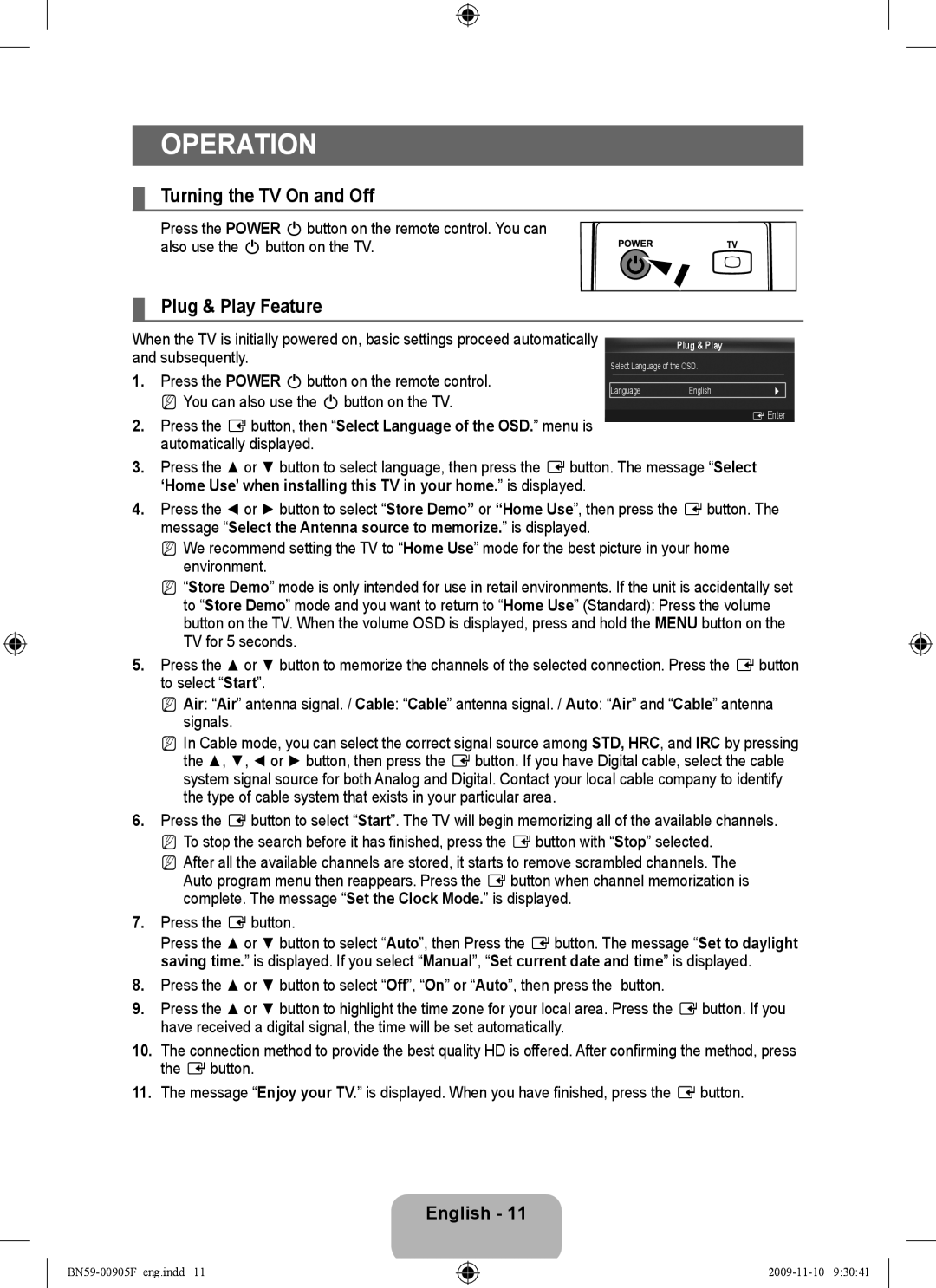 Samsung 2443BWT-1, 933HD+, BN59-00905F Operation, Turning the TV On and Off, Plug & Play Feature, Press the Ebutton 