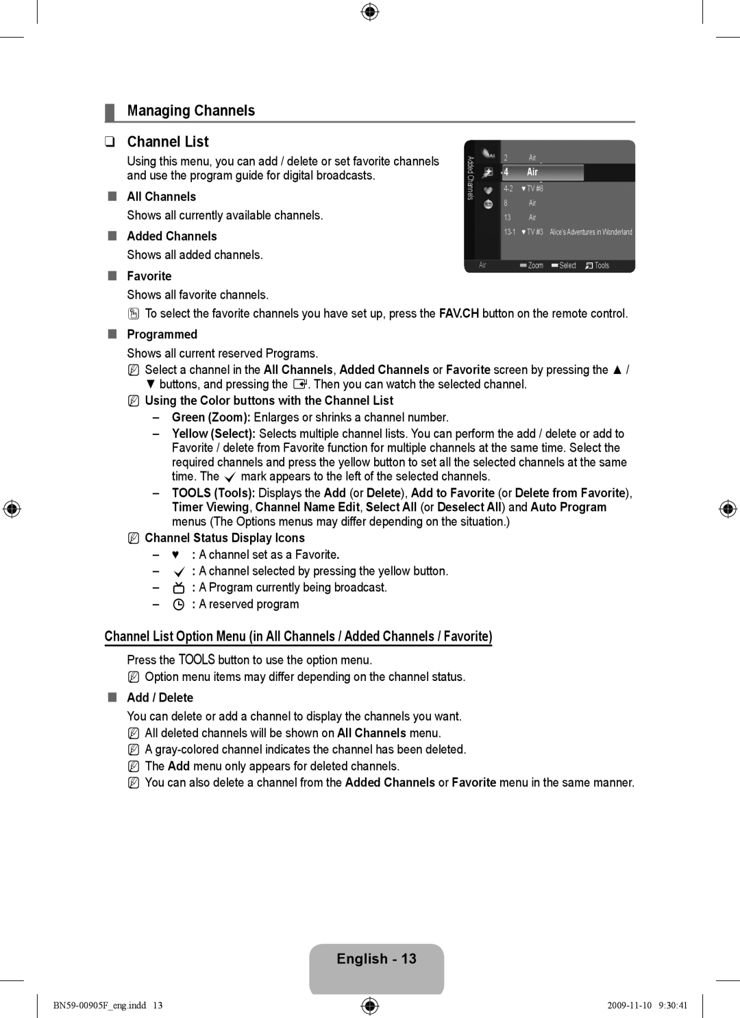 Samsung 933HD+, 2443BWT-1 „„ All Channels, „„ Added Channels, „„ Favorite, „„ Programmed, NN Channel Status Display Icons 