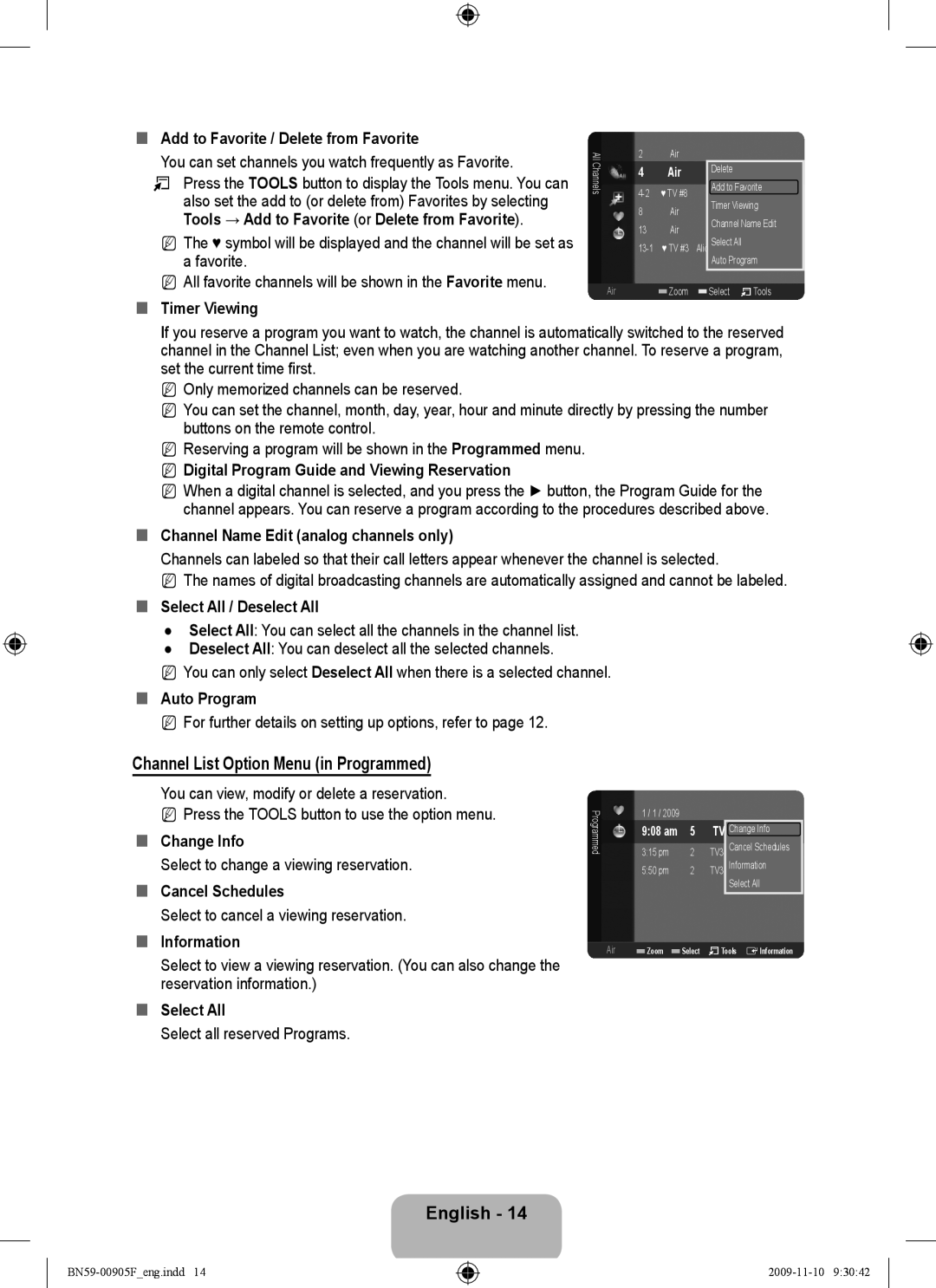 Samsung 2443BWT-1, 933HD+, BN59-00905F user manual Channel List Option Menu in Programmed 