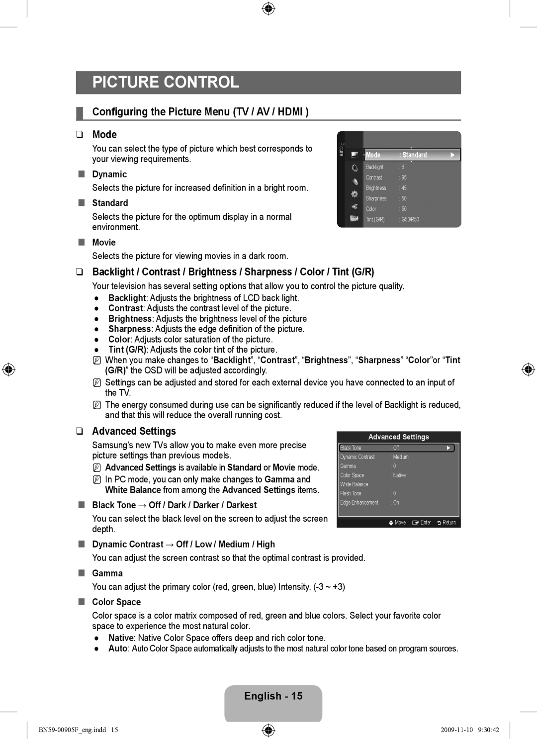 Samsung BN59-00905F, 933HD+, 2443BWT-1 user manual Picture Control, Configuring the Picture Menu TV / AV / Hdmi, Mode 