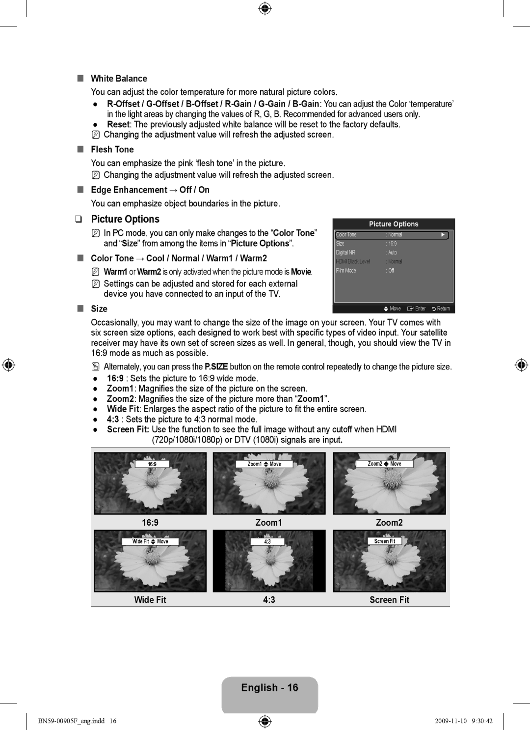 Samsung 933HD+, 2443BWT-1, BN59-00905F user manual Picture Options 