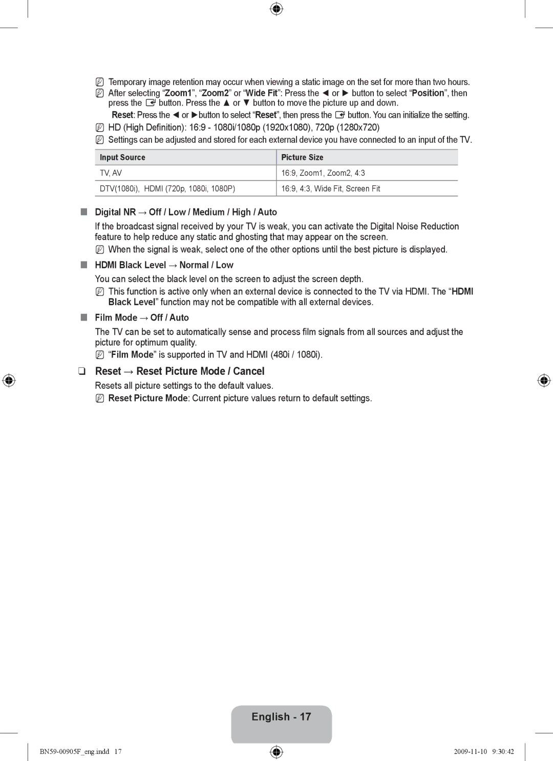 Samsung 2443BWT-1, 933HD+ user manual Reset → Reset Picture Mode / Cancel, „„ Digital NR → Off / Low / Medium / High / Auto 