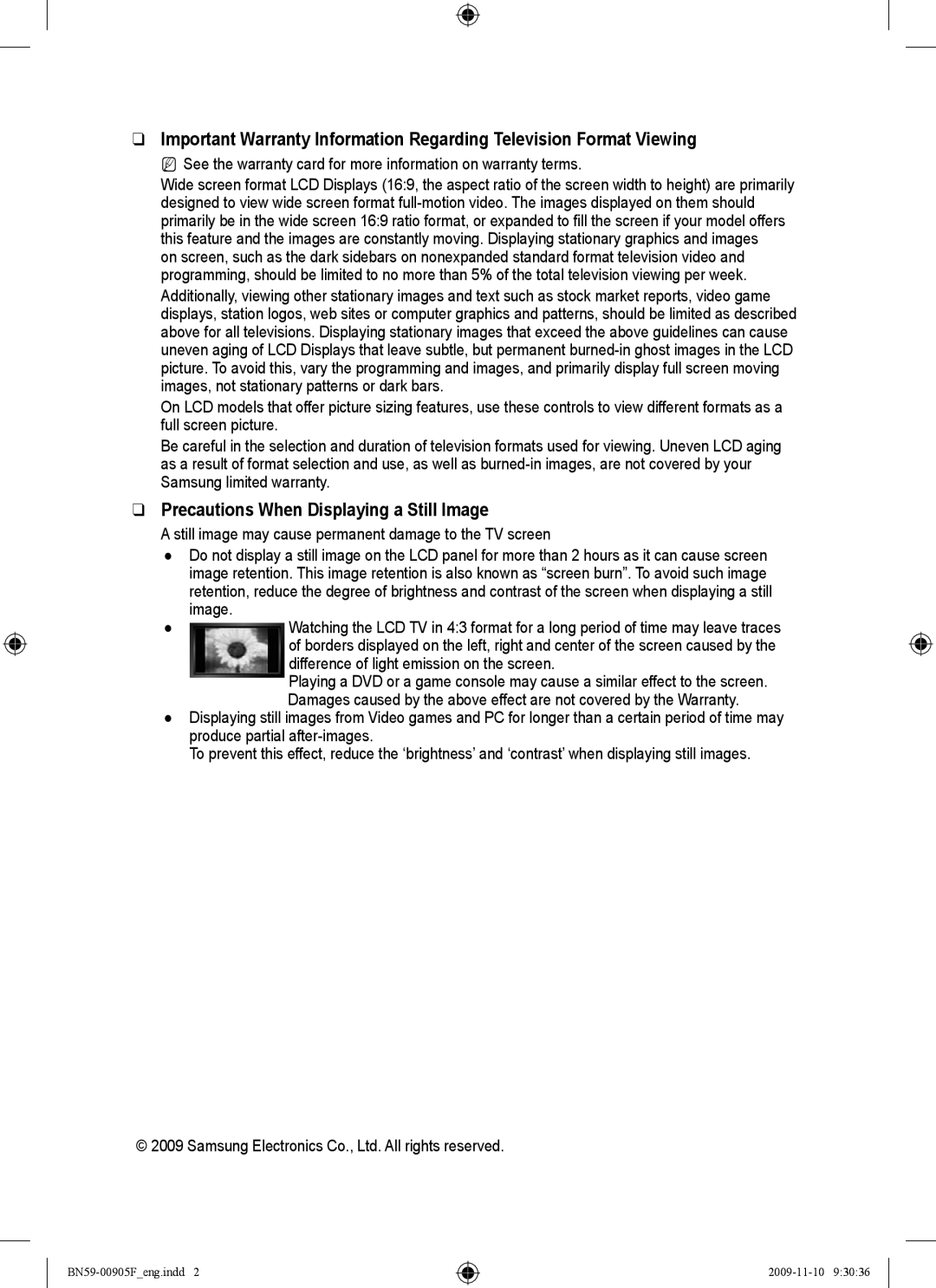 Samsung BN59-00905F, 933HD+ Precautions When Displaying a Still Image, Difference of light emission on the screen 