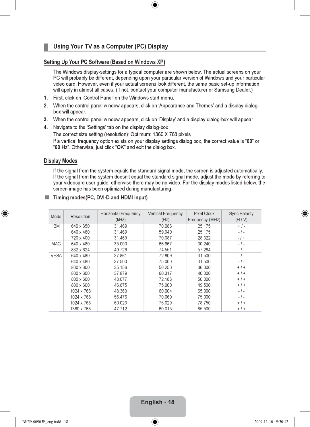 Samsung BN59-00905F Using Your TV as a Computer PC Display, Setting Up Your PC Software Based on Windows XP, Display Modes 