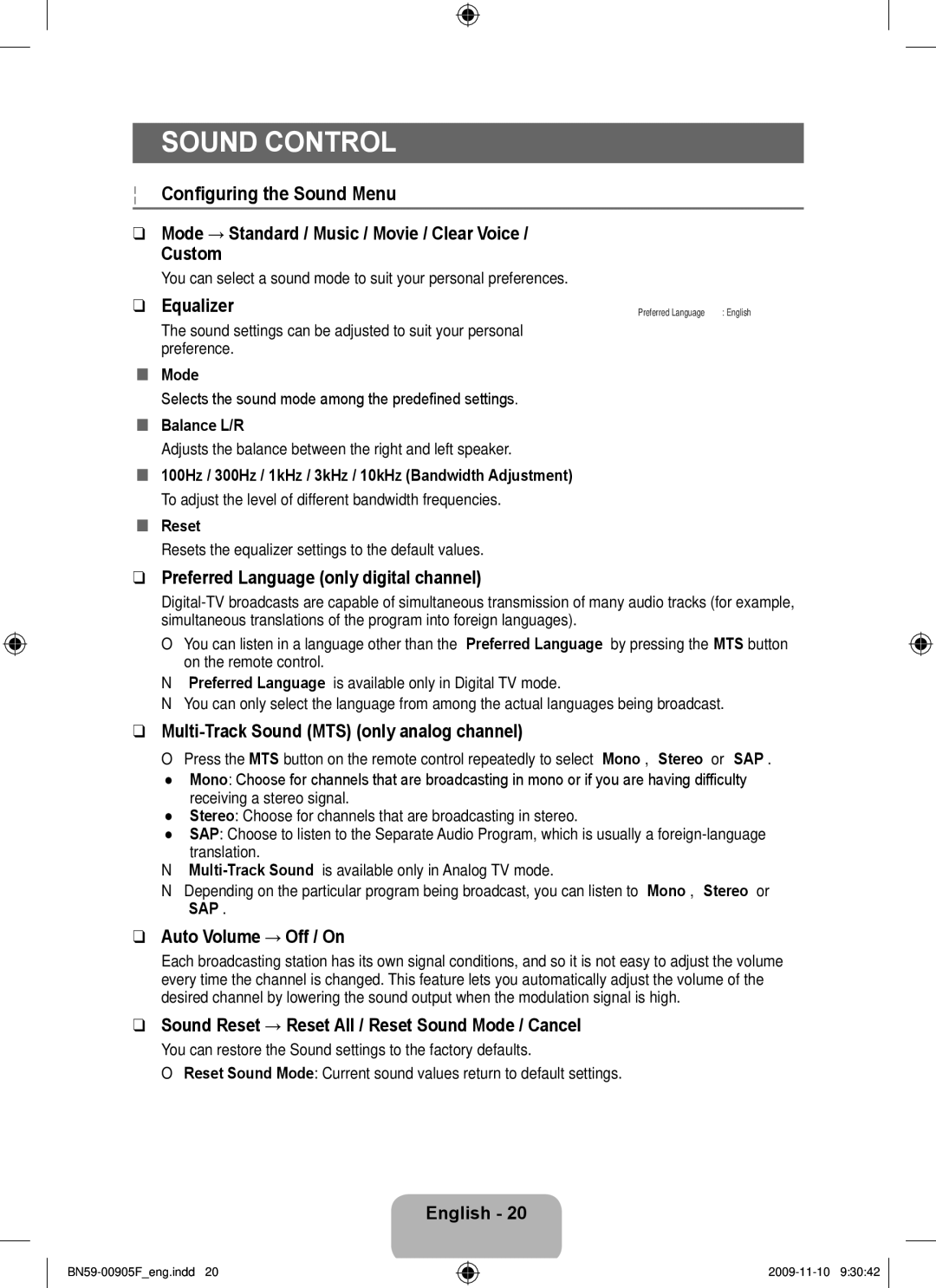 Samsung 2443BWT-1, 933HD+, BN59-00905F user manual Sound Control, Configuring the Sound Menu 