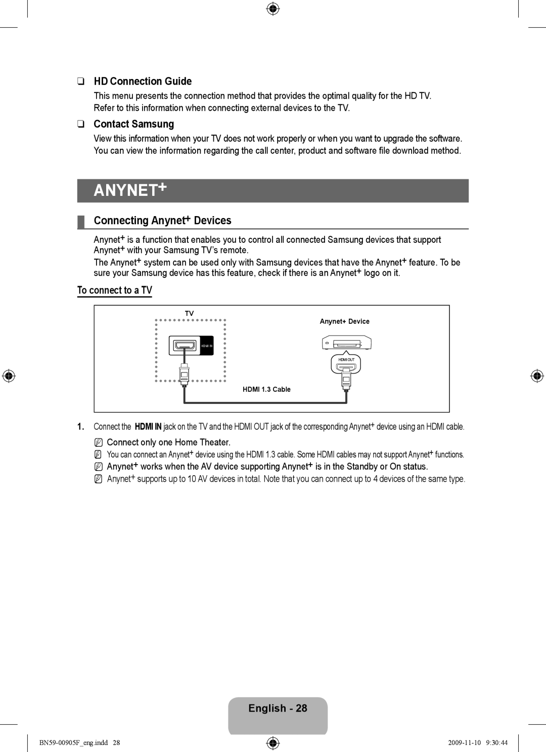 Samsung 933HD+, 2443BWT-1 Connecting Anynet+ Devices, HD Connection Guide, Contact Samsung, To connect to a TV 