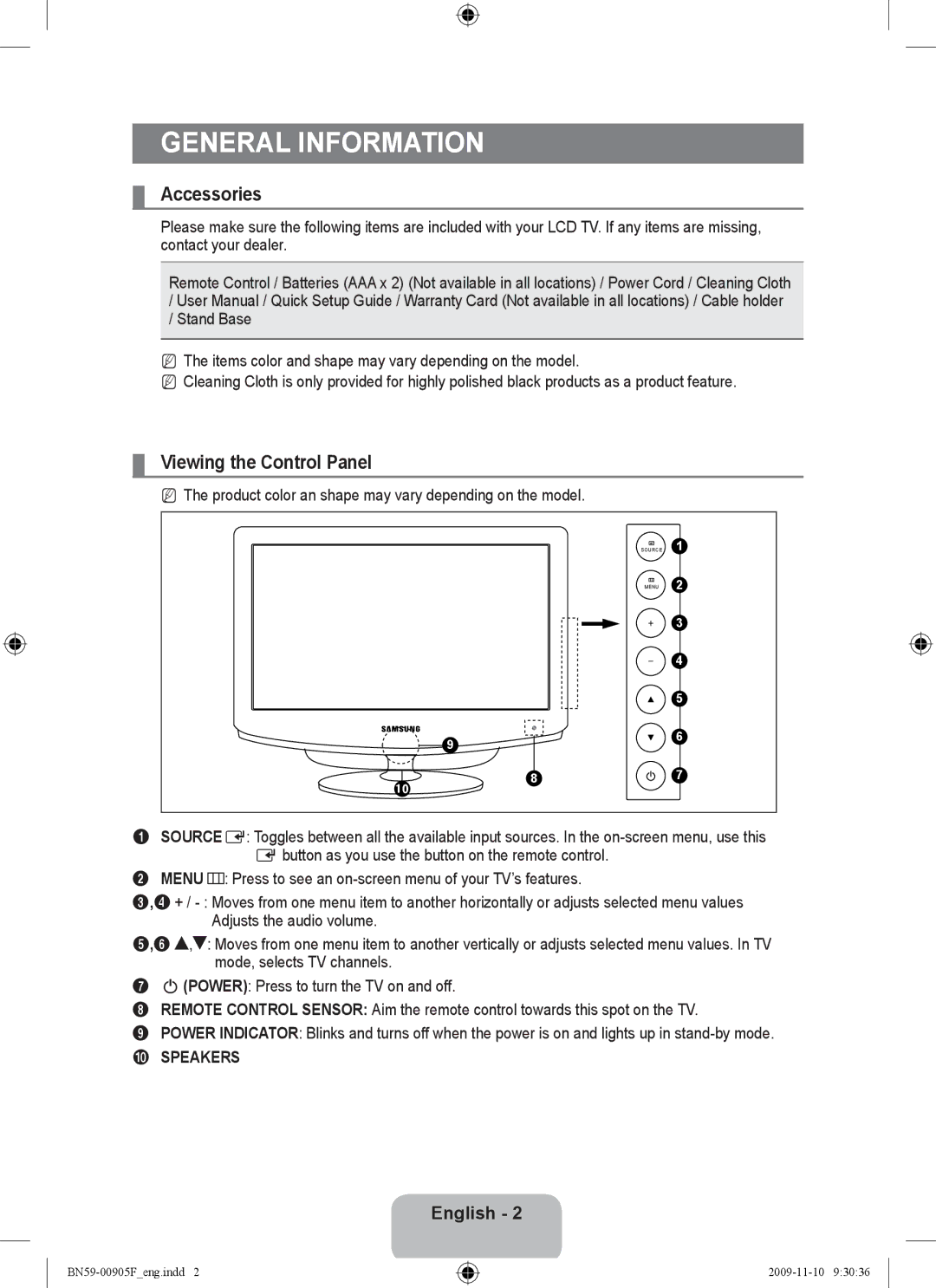 Samsung 2443BWT-1, 933HD+, BN59-00905F user manual General Information, Accessories, Viewing the Control Panel, English, Menu 