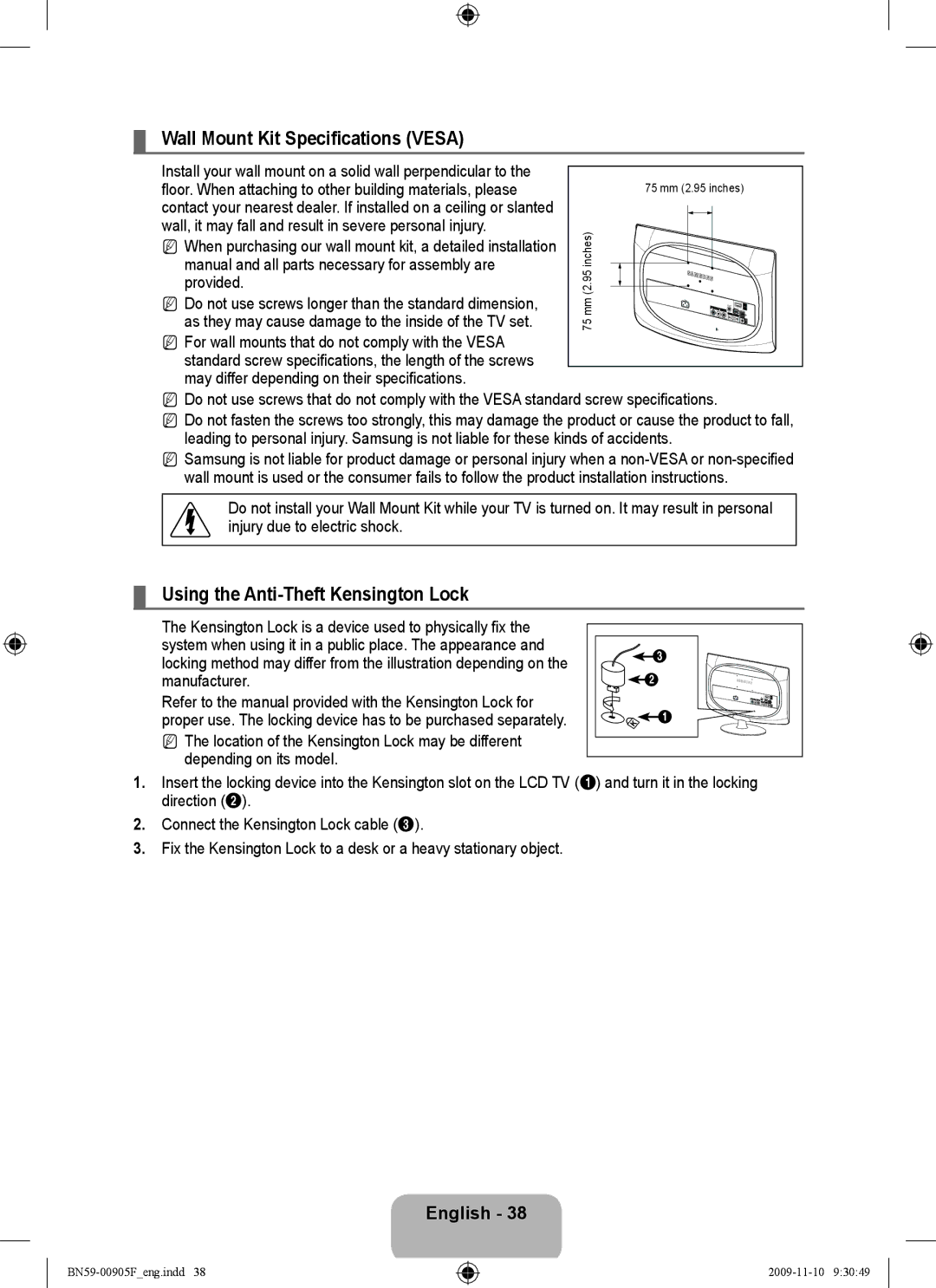 Samsung 2443BWT-1, 933HD+, BN59-00905F user manual Wall Mount Kit Specifications Vesa, Using the Anti-Theft Kensington Lock 