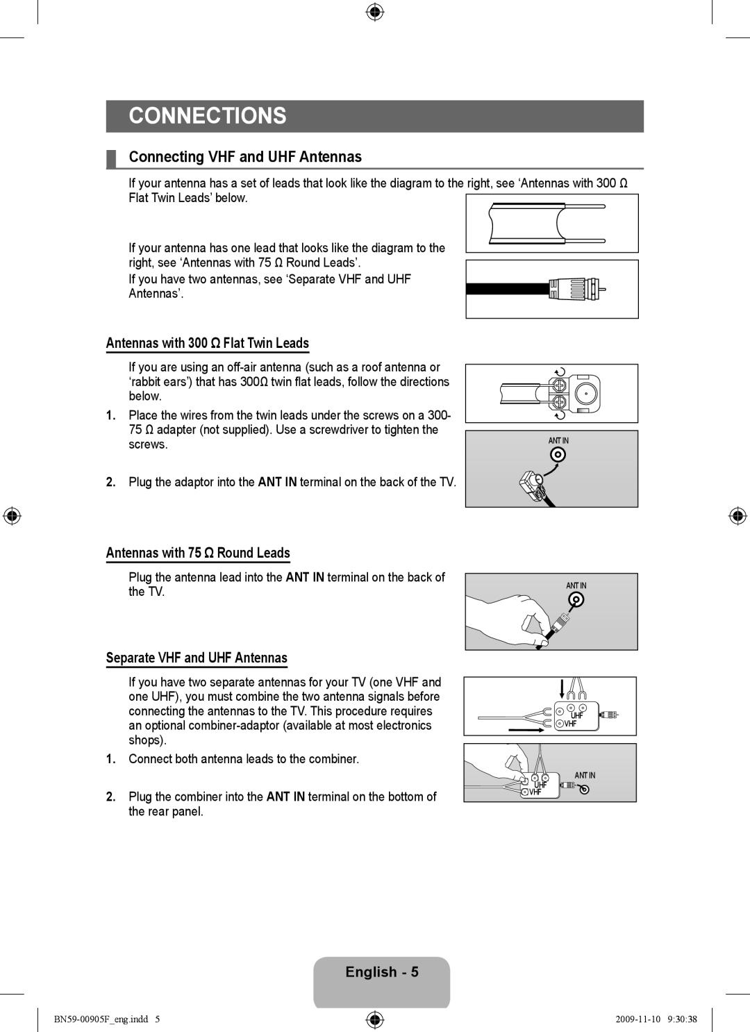 Samsung 2443BWT-1, 933HD+, BN59-00905F Connections, Connecting VHF and UHF Antennas, Antennas with 300 Ω Flat Twin Leads 