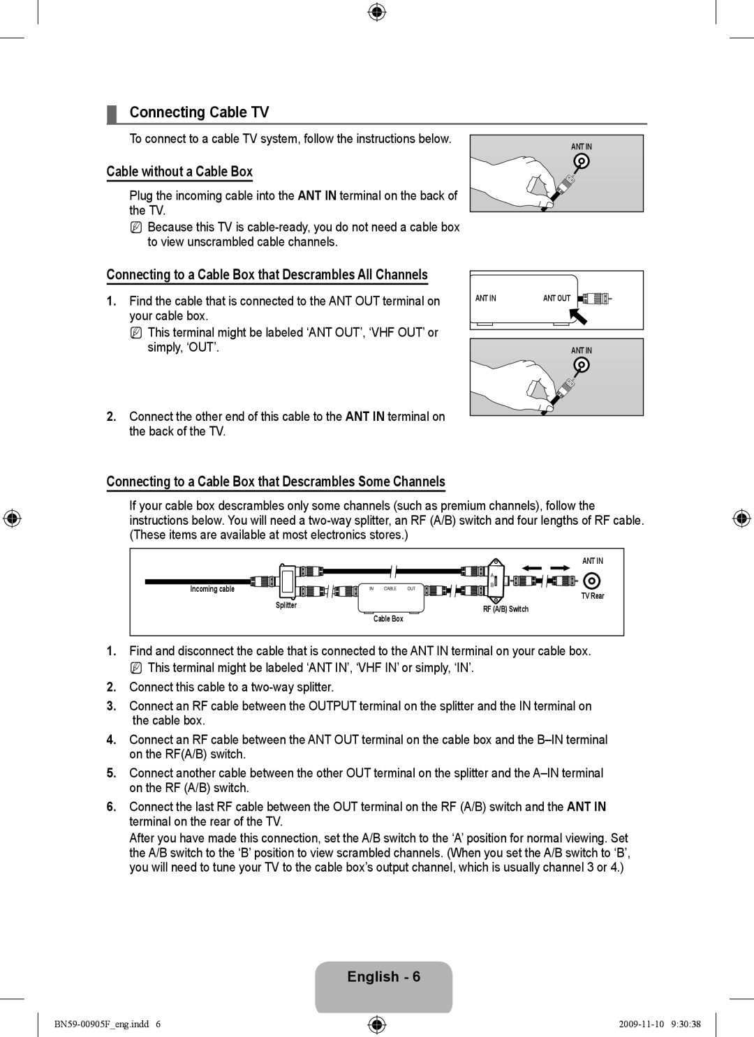 Samsung BN59-00905F, 933HD+, 2443BWT-1 user manual Connecting Cable TV, Cable without a Cable Box 