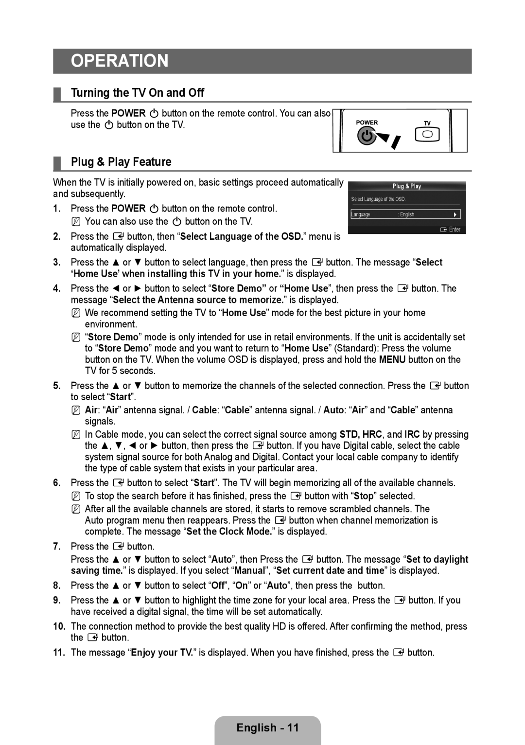 Samsung 933HD Plus user manual Operation, Turning the TV On and Off, Plug & Play Feature 