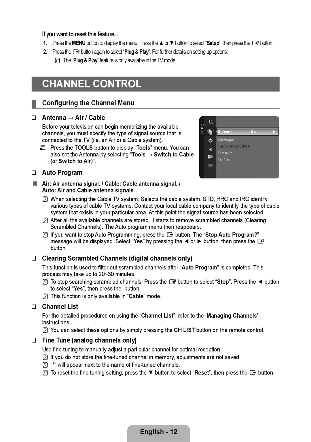 Samsung 933HD Plus user manual Configuring the Channel Menu 