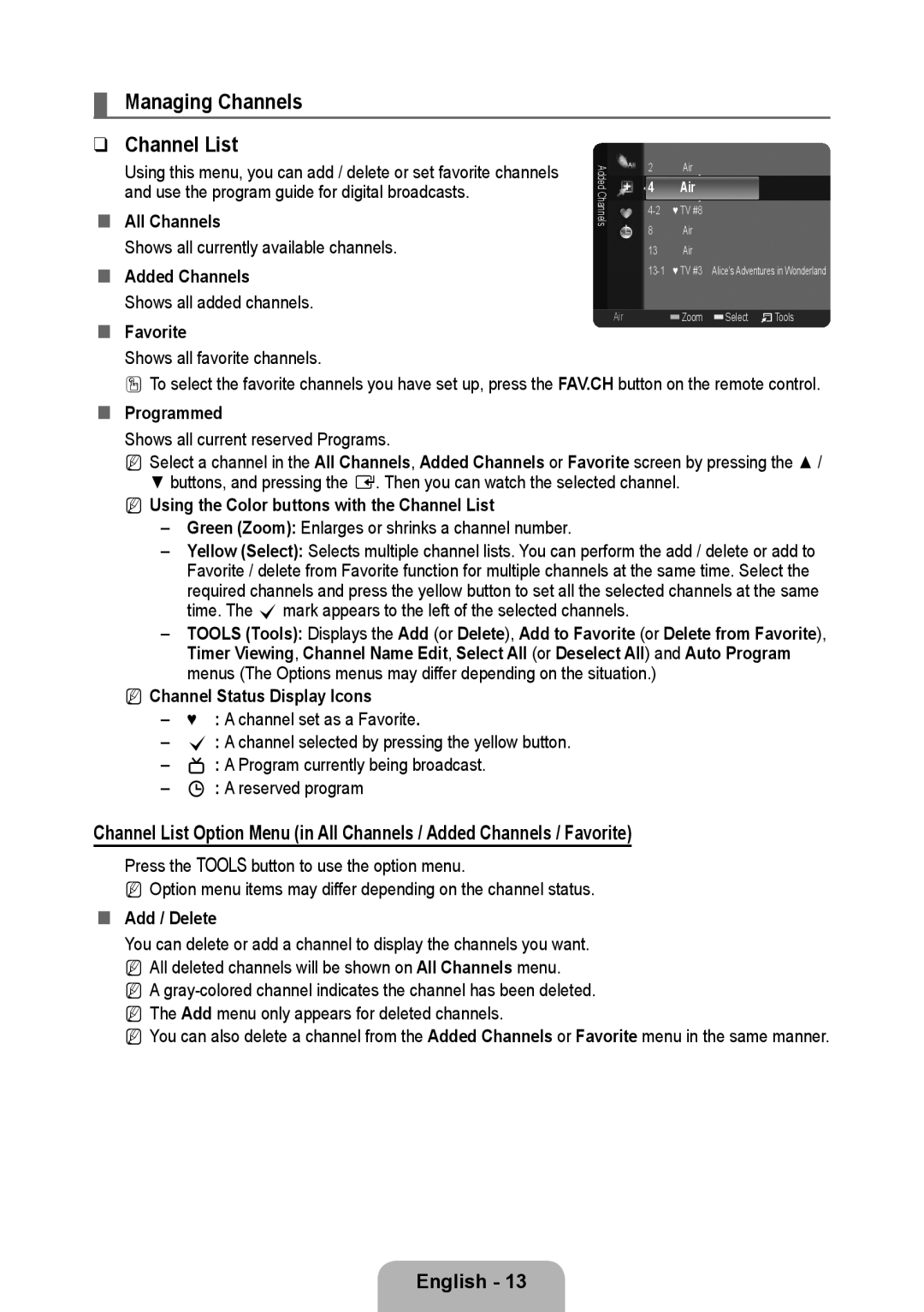 Samsung 933HD Plus „„ All Channels, „„ Added Channels, „„ Favorite, „„ Programmed, NN Channel Status Display Icons 