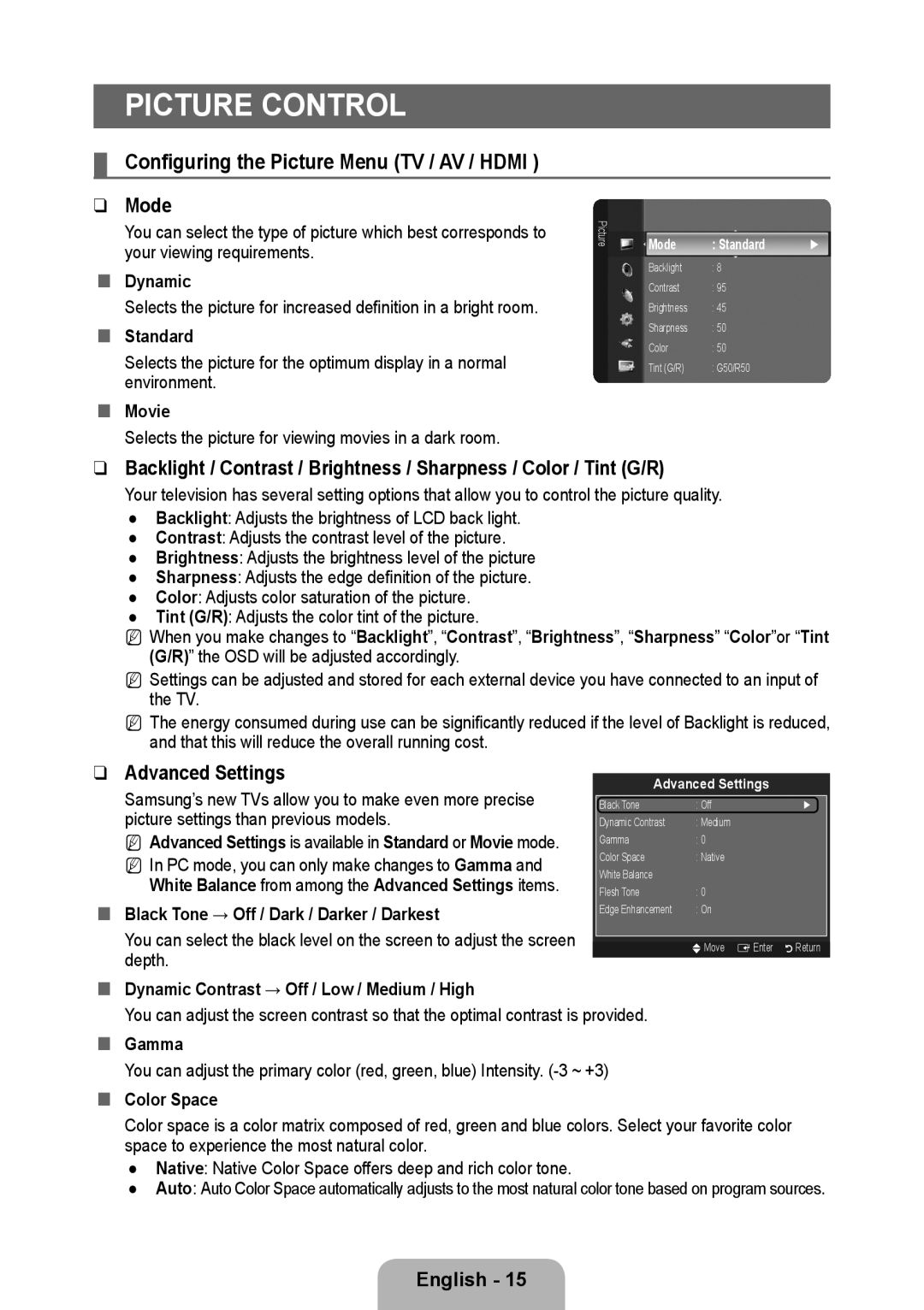 Samsung 933HD Plus user manual Picture Control, Configuring the Picture Menu TV / AV / Hdmi, Mode 