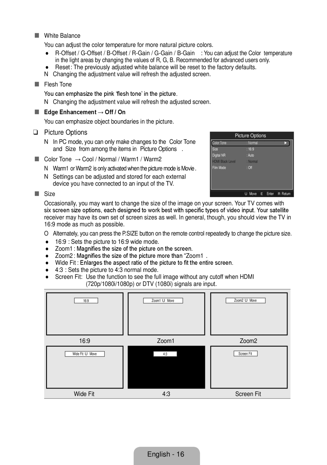 Samsung 933HD Plus user manual Picture Options 