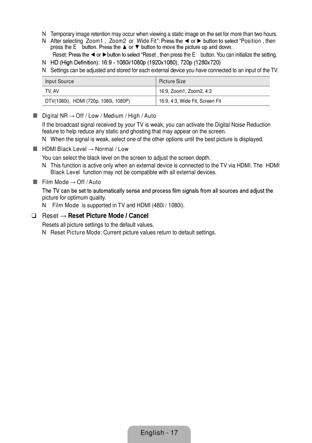 Samsung 933HD Plus user manual Reset → Reset Picture Mode / Cancel, NN HD High Definition 169 1080i/1080p 1920x1080, 720p 