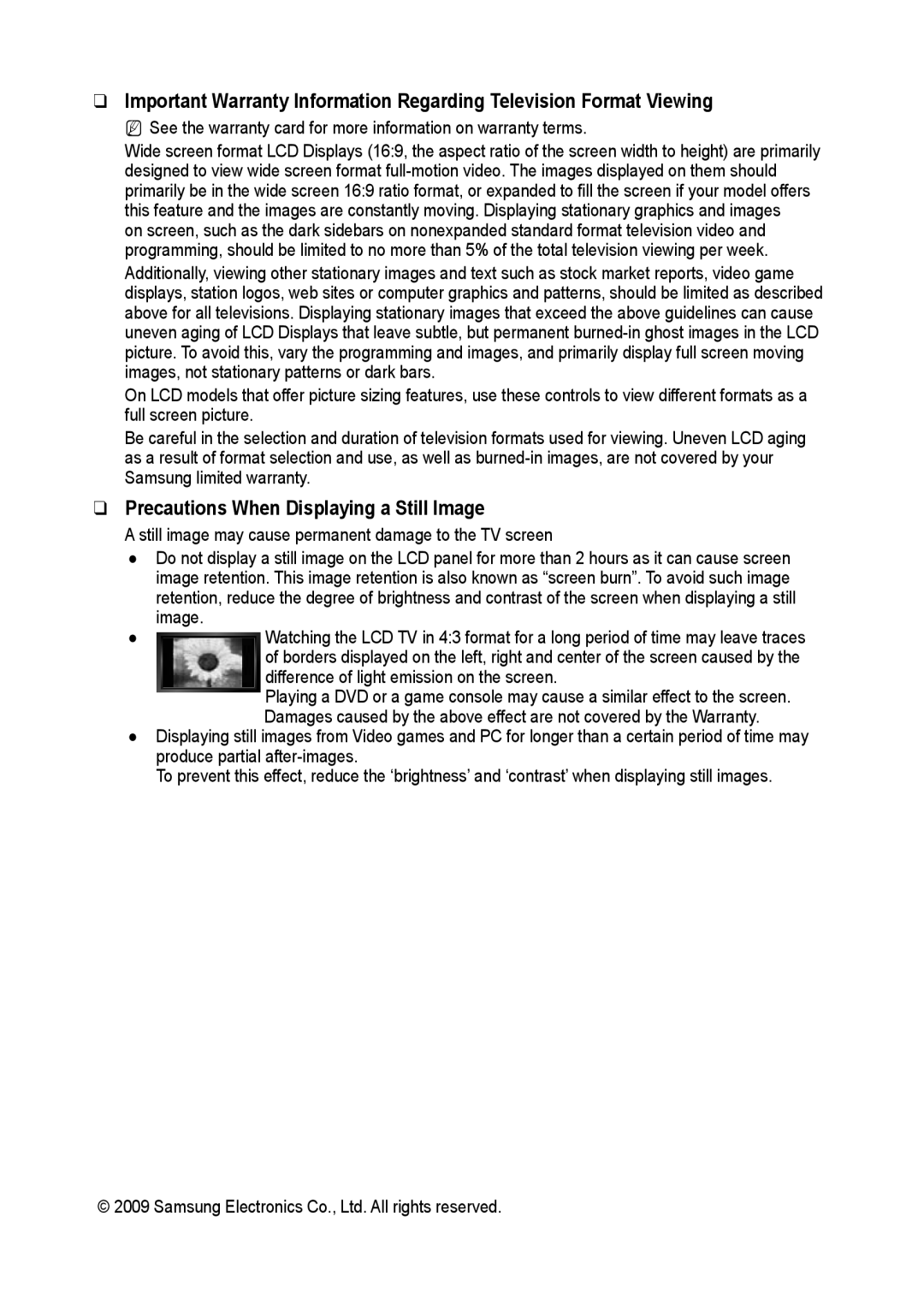 Samsung 933HD Plus user manual Precautions When Displaying a Still Image, Difference of light emission on the screen 