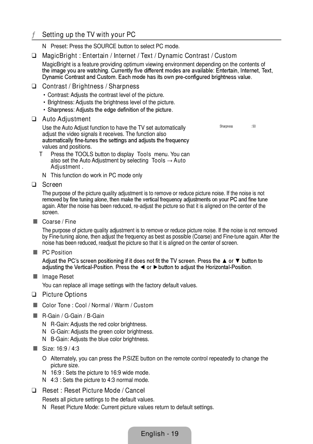 Samsung 933HD Plus user manual Setting up the TV with your PC, Contrast / Brightness / Sharpness, Auto Adjustment, Screen 