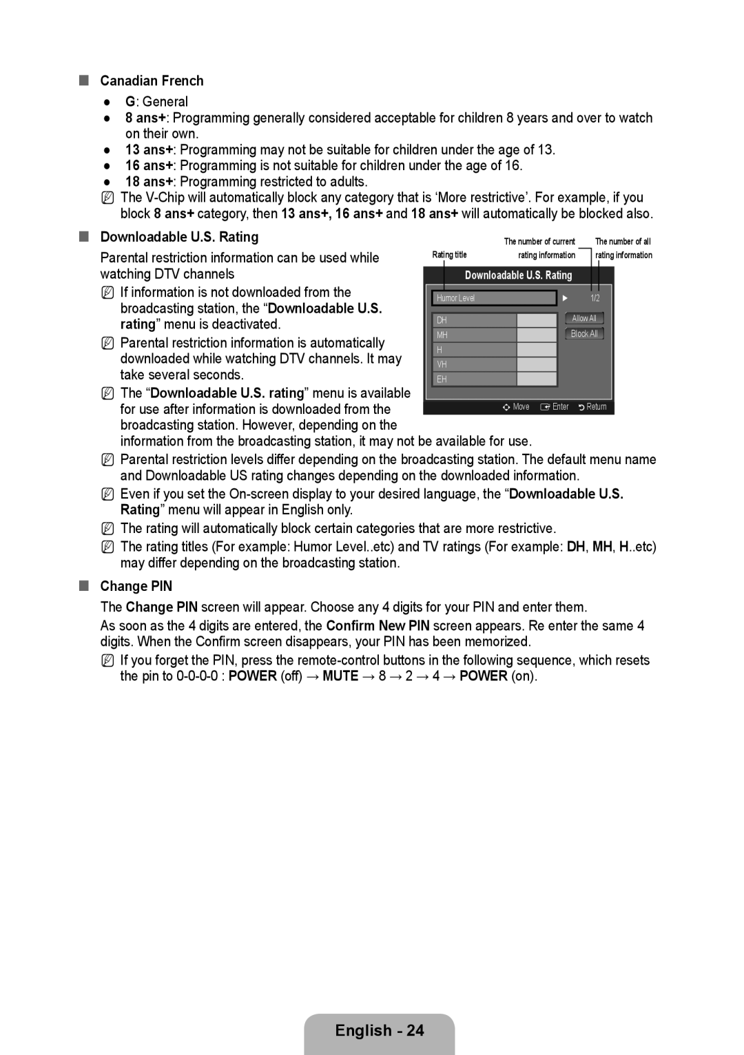 Samsung 933HD Plus user manual Canadian French, Downloadable U.S. Rating, „„ Change PIN 