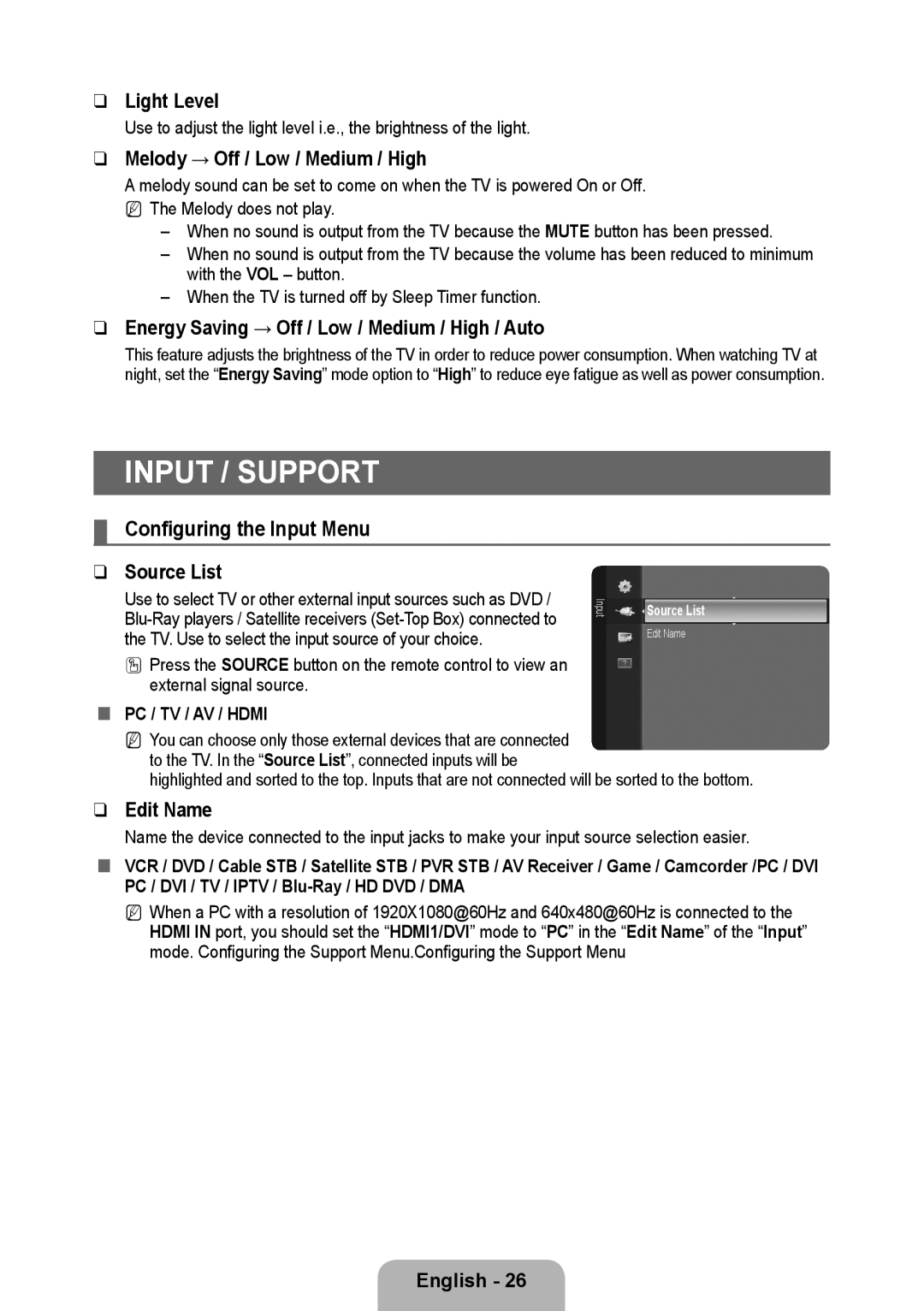 Samsung 933HD Plus user manual Input / Support, Configuring the Input Menu 