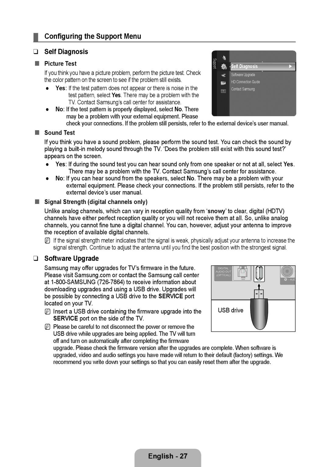 Samsung 933HD Plus Configuring the Support Menu, Software Upgrade, „„ Sound Test, „„ Signal Strength digital channels only 