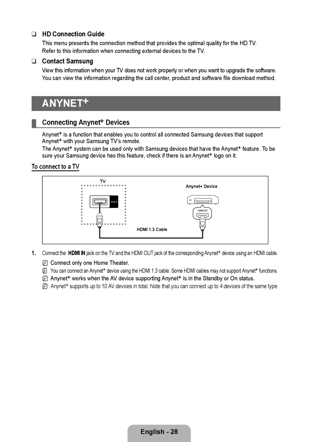 Samsung 933HD Plus user manual Connecting Anynet+ Devices, HD Connection Guide, Contact Samsung, To connect to a TV 