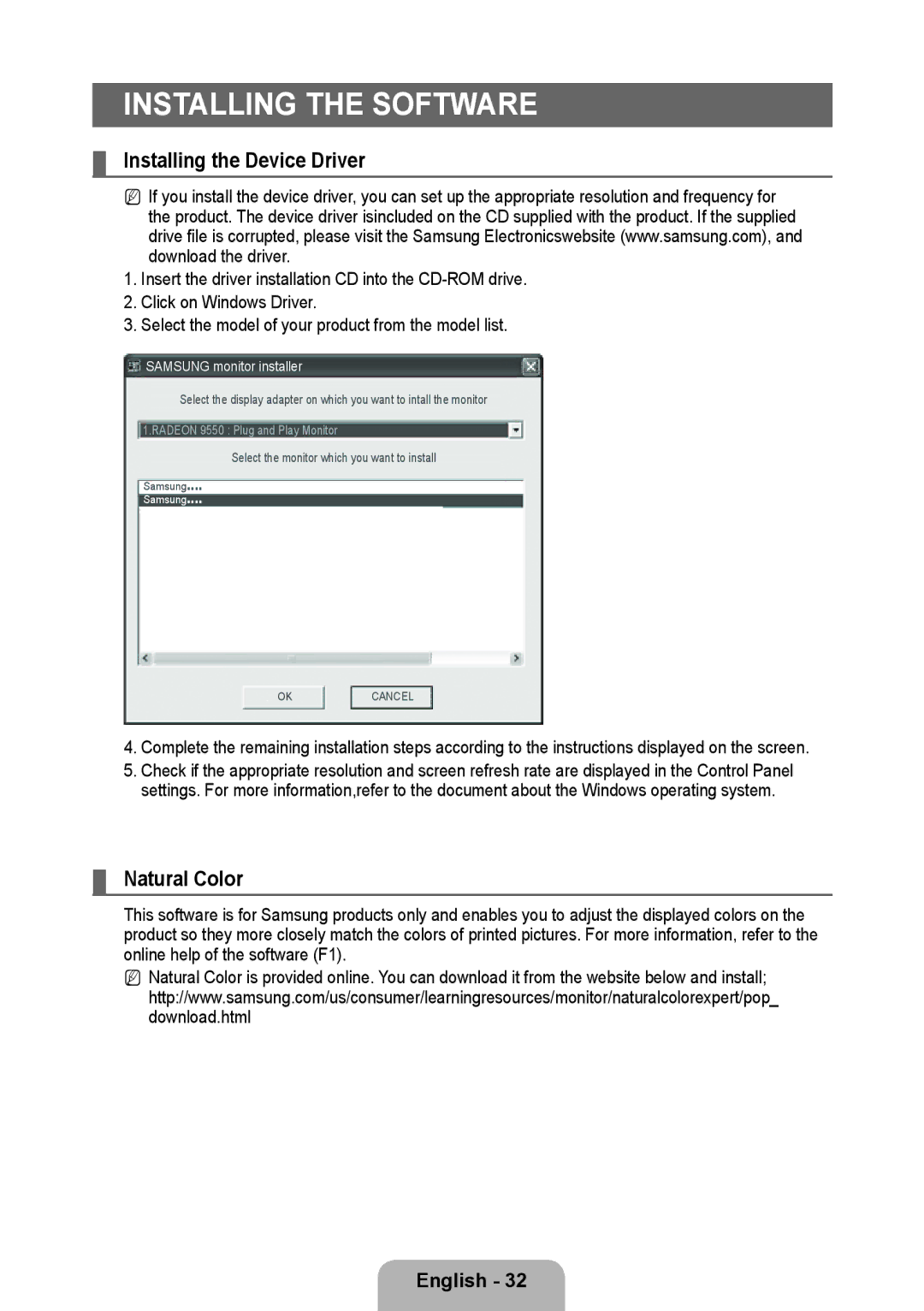 Samsung 933HD Plus user manual Installing the Software, Installing the Device Driver, Natural Color 